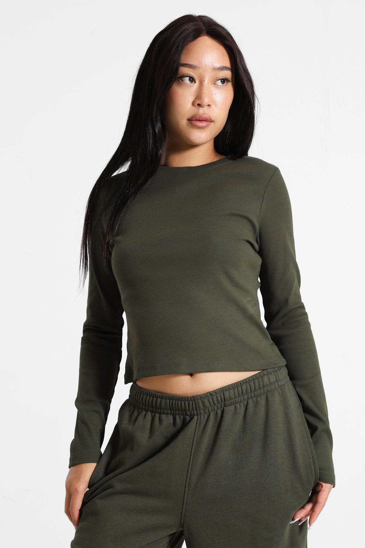 Camicia corta a coste maniche lunghe - Olive