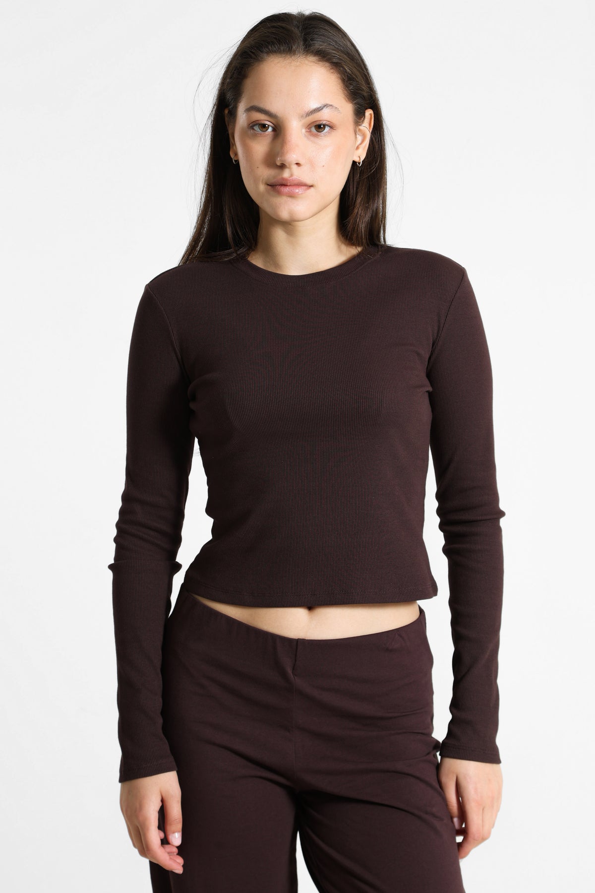Geripptes Crop Langarmshirt - Braun