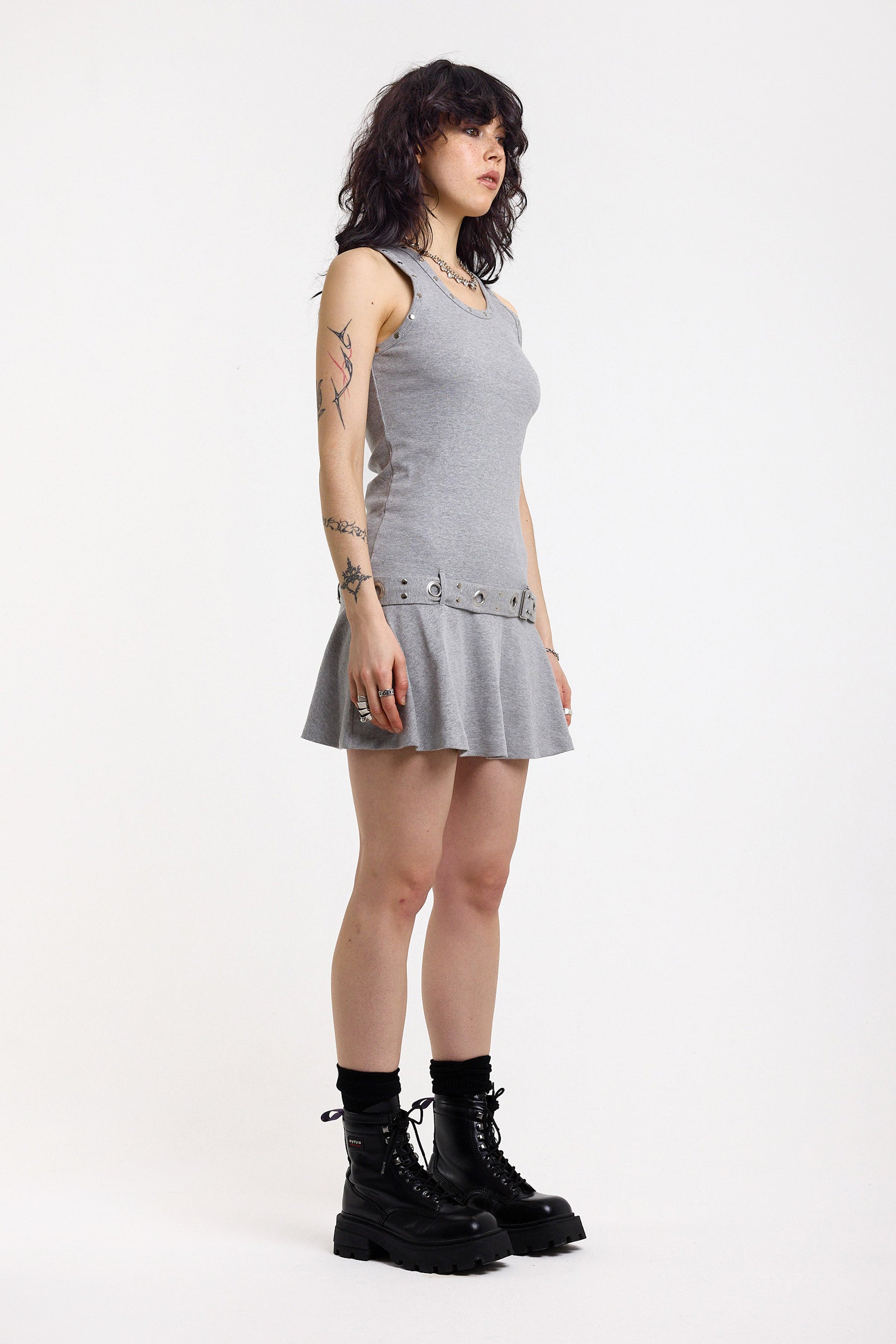 Disorder Geripptes Minikleid mit Nieten - Grey Heather