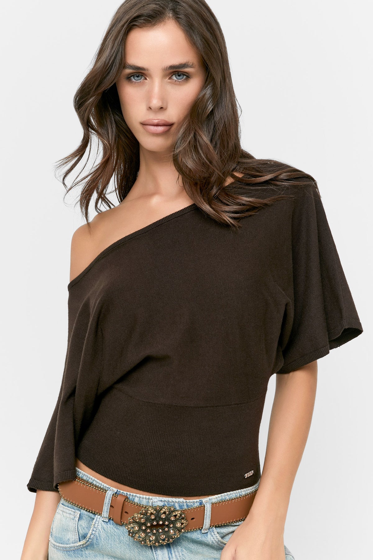 Maglione corto in maglia fine - Dark Brown