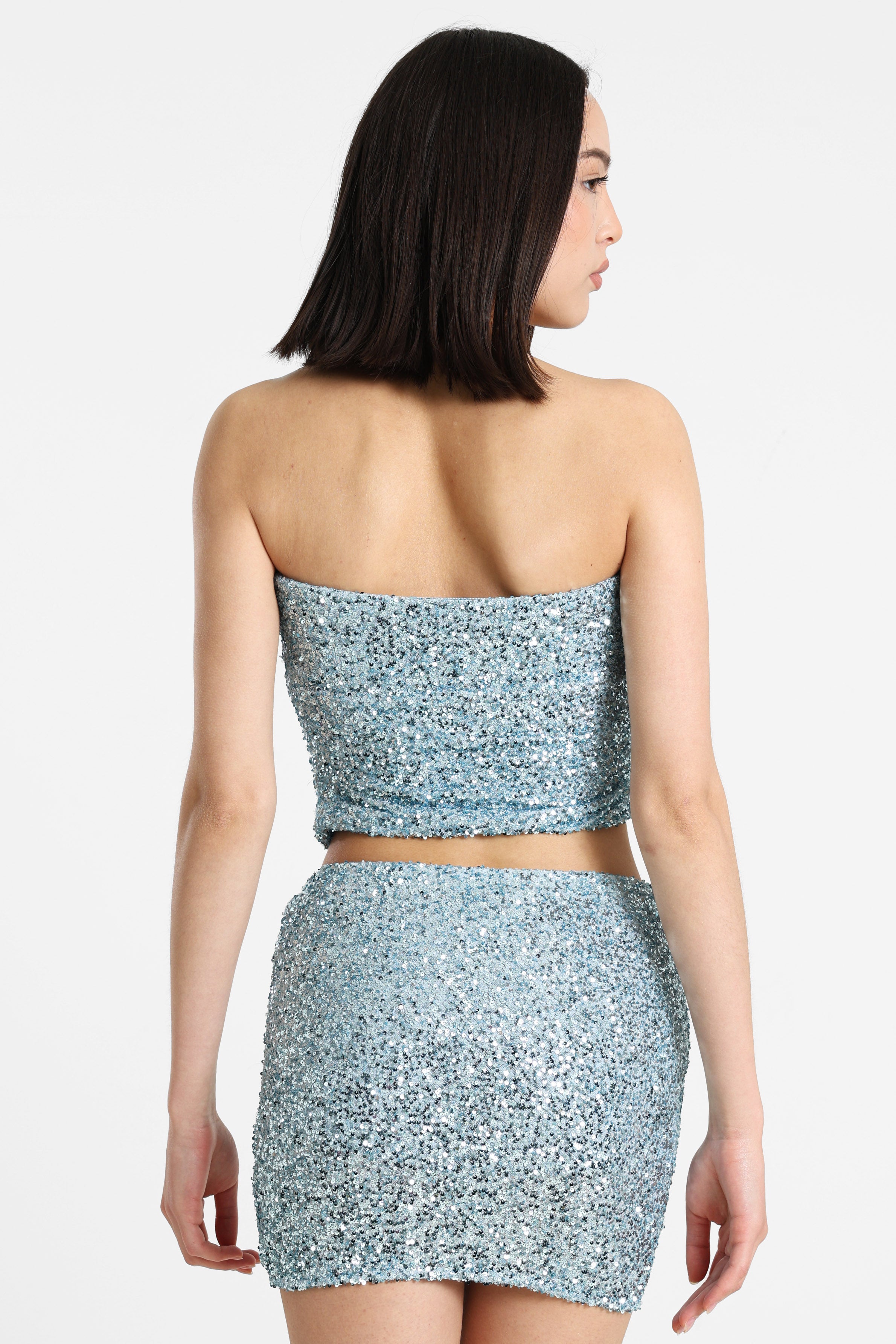 Pailletten Bandeau Crop Top - Hellblau
