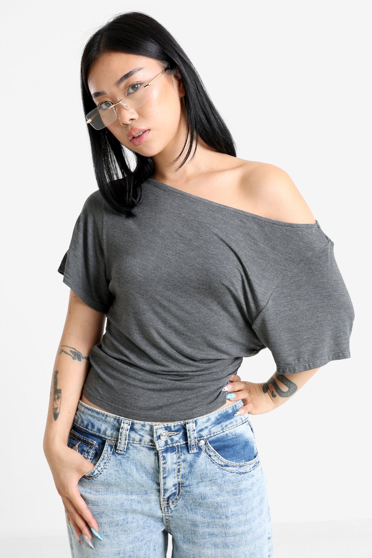 T-Shirt off shoulder - Gris foncé chiné