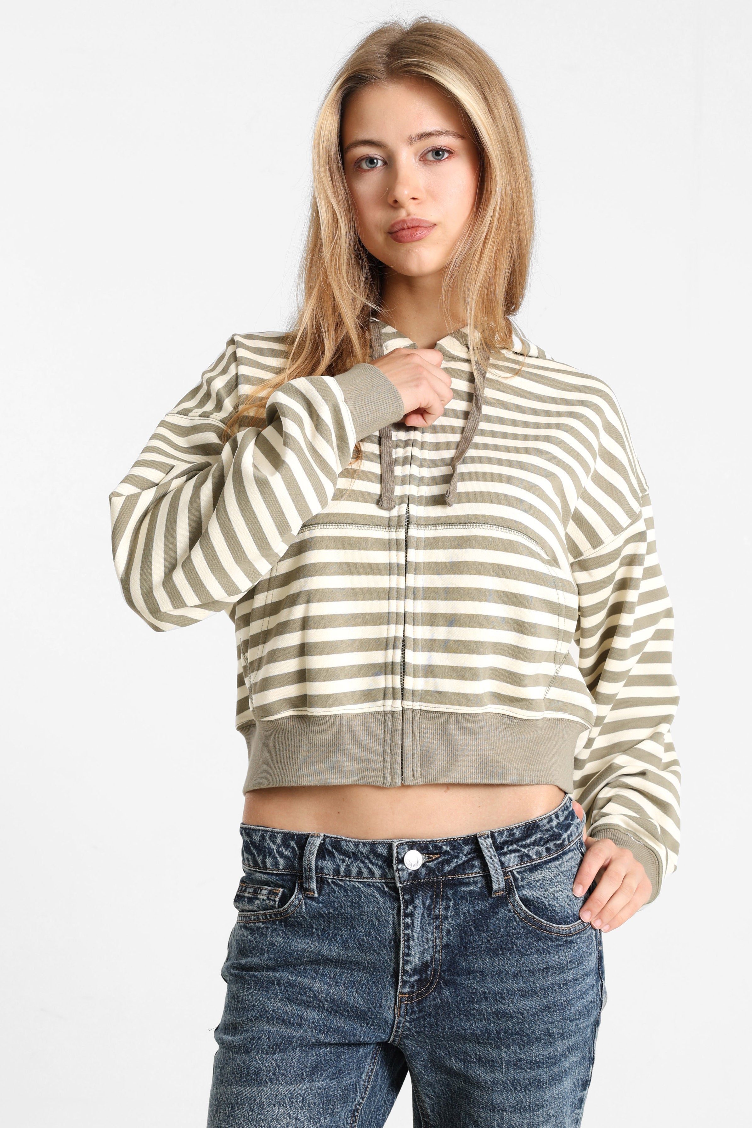 Hooded zip-up sweatshirt - Olive green + Ecru