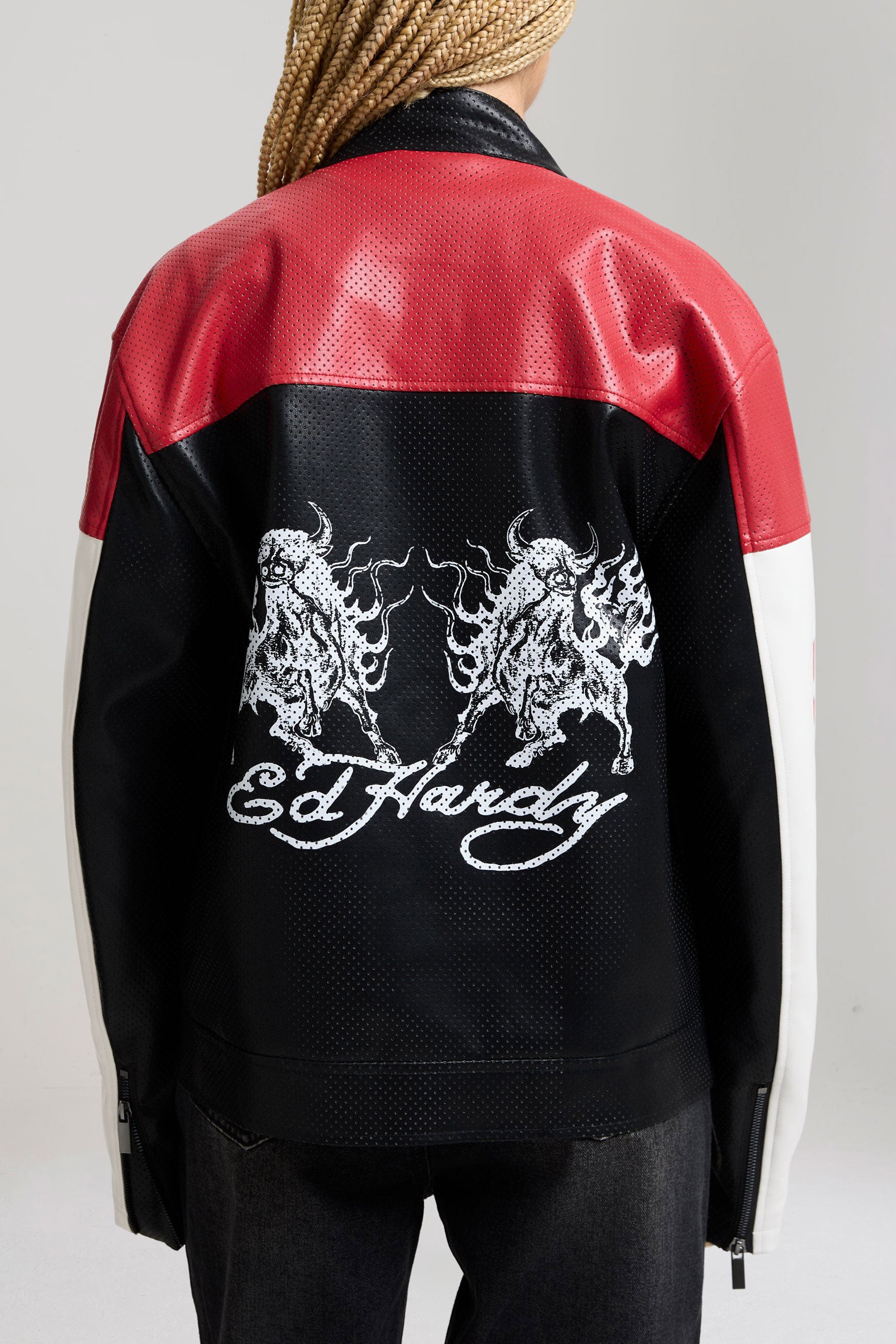 Kunstleder Bikerjacke - Black + Red + White