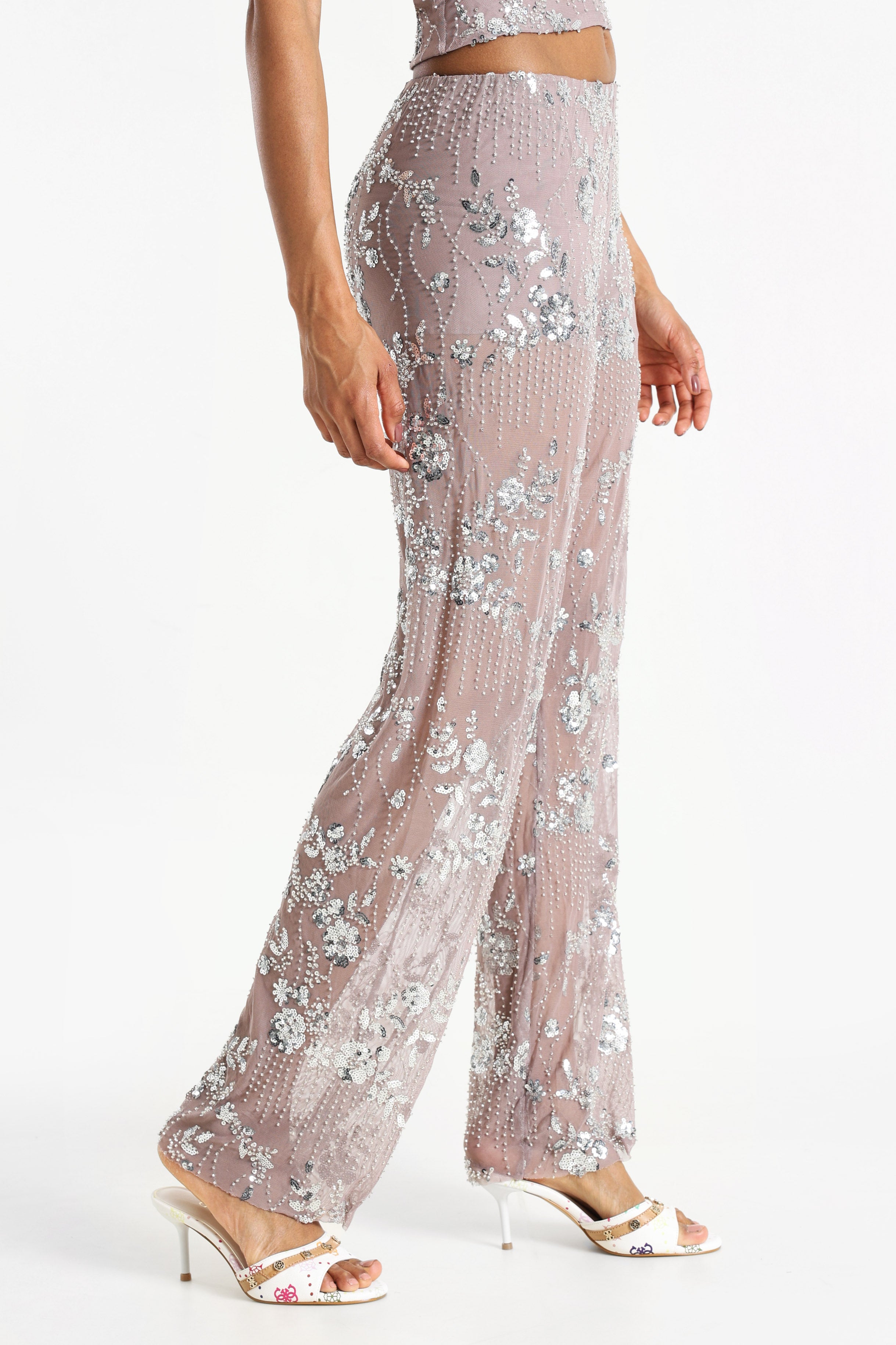 Pantalon en mesh à paillettes - Mauve