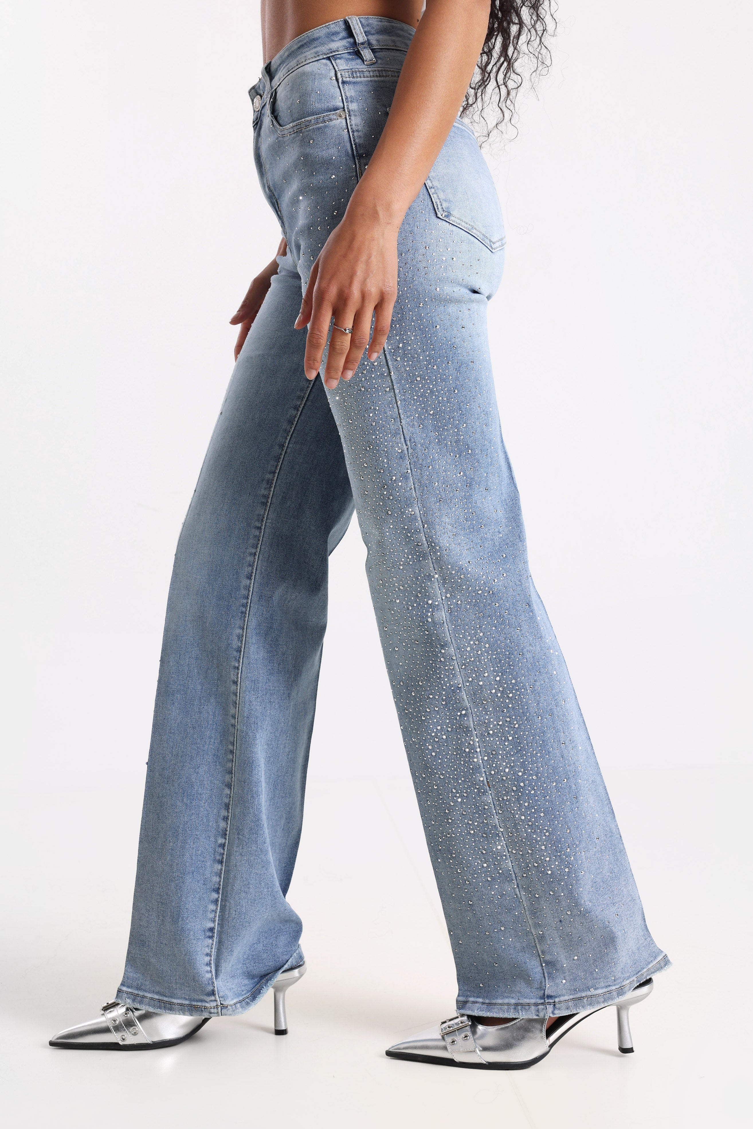 Jeans a gamba dritta con strass - Light Blue