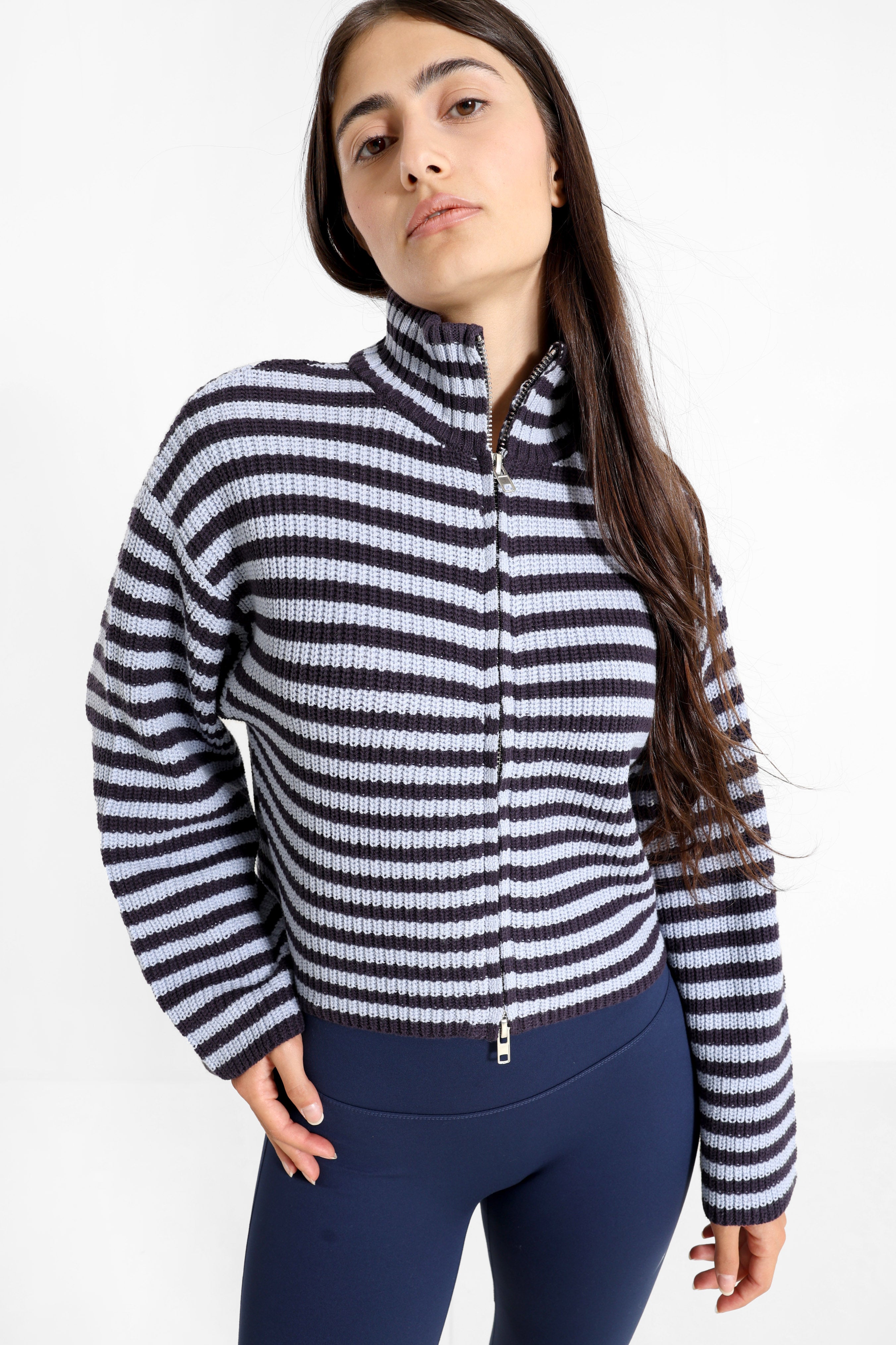 Crop Strickjacke - Marineblau + Hellblau