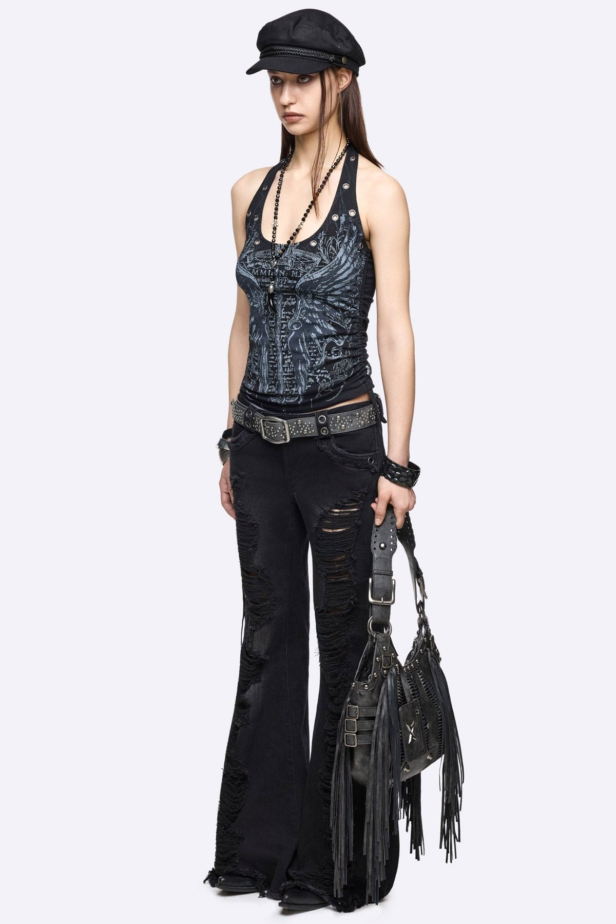 Winged Sword Neckholder Crop Top - Black