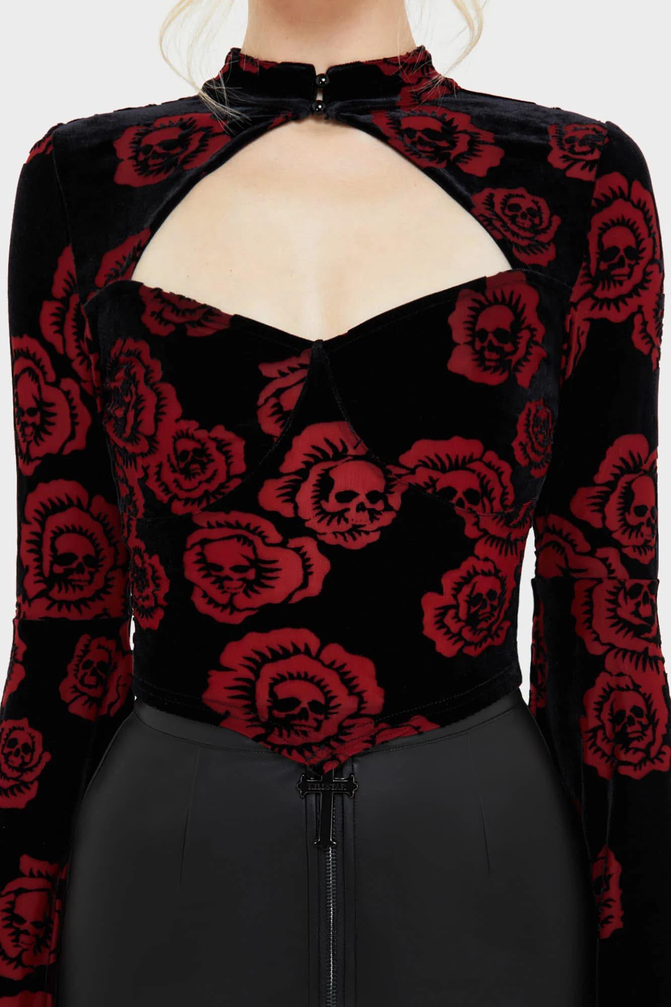 Camicia a maniche lunghe Pandora's Rose Velvet Crop - Nero + Rosso