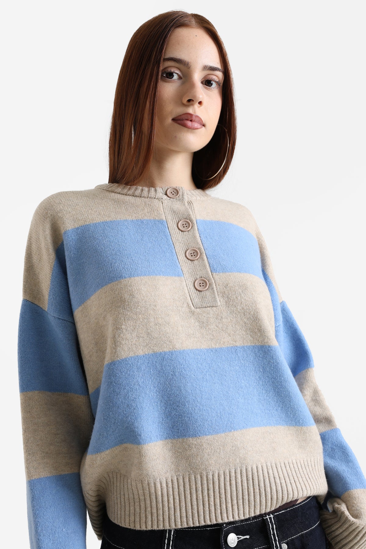 Pull ample en tricot - Beige chiné + Bleu clair