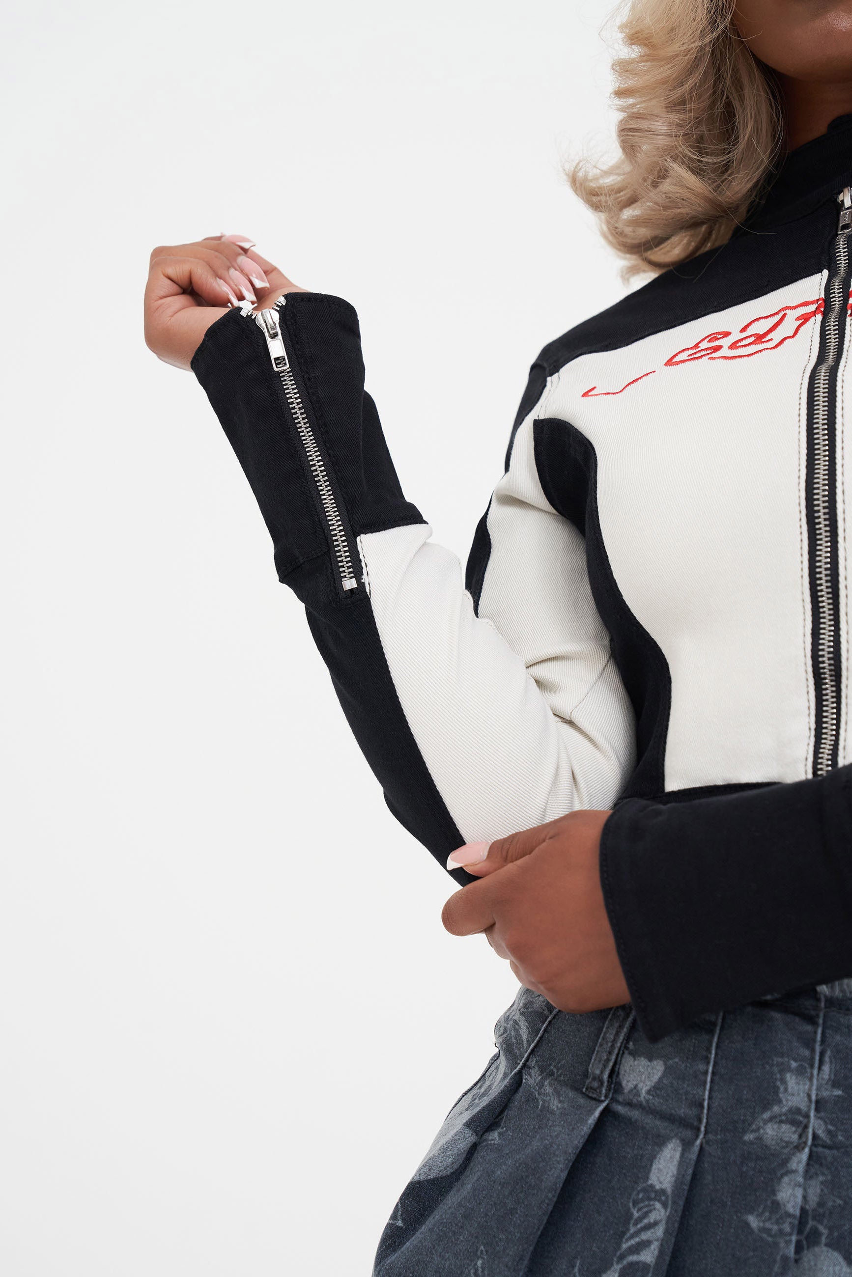 Veste de motard Crop - Black + Beige