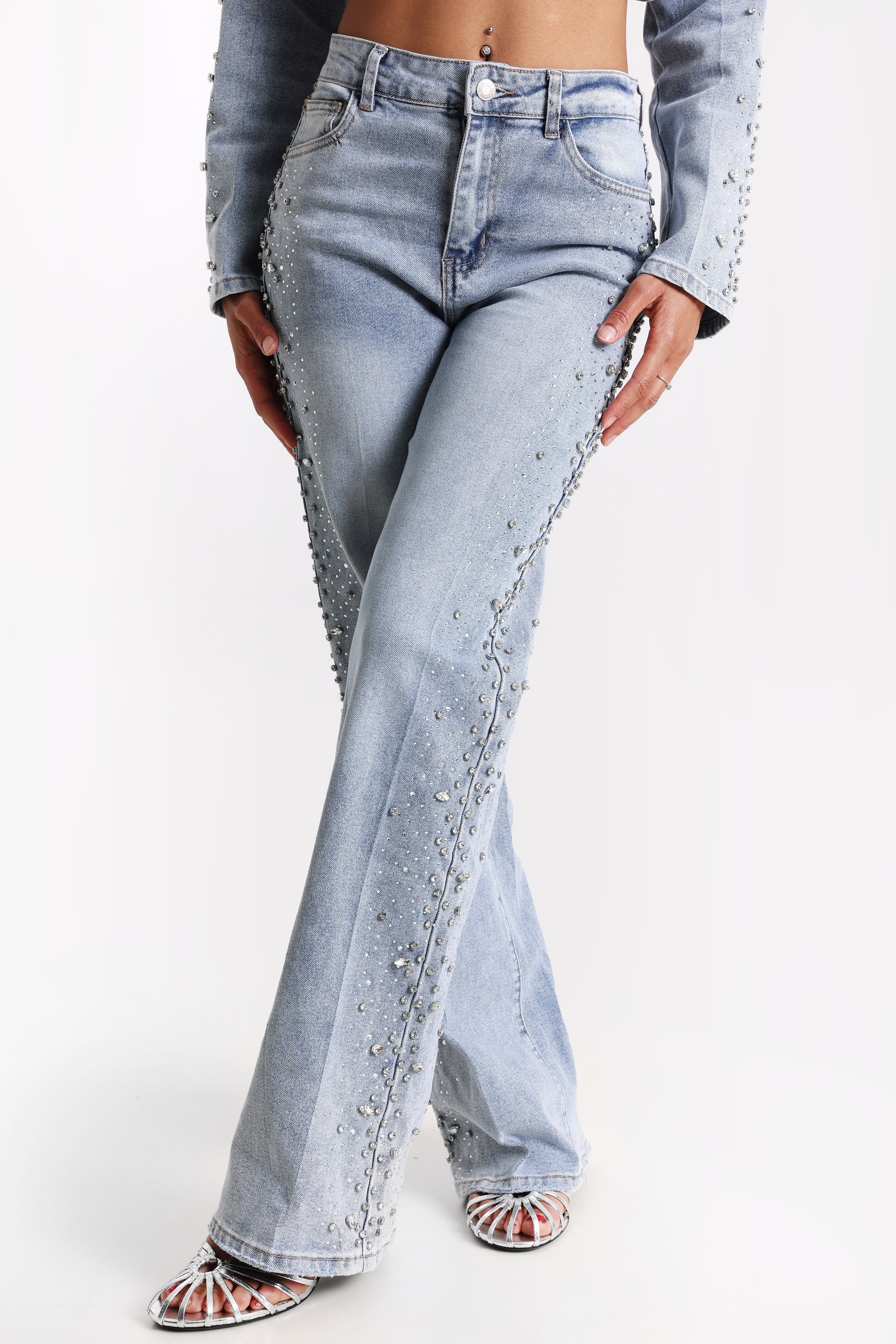 Jeans a gamba larga con strass - Blue
