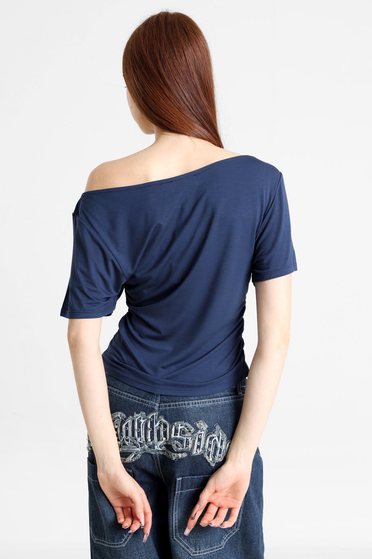 Off Shoulder T-Shirt - Marineblau
