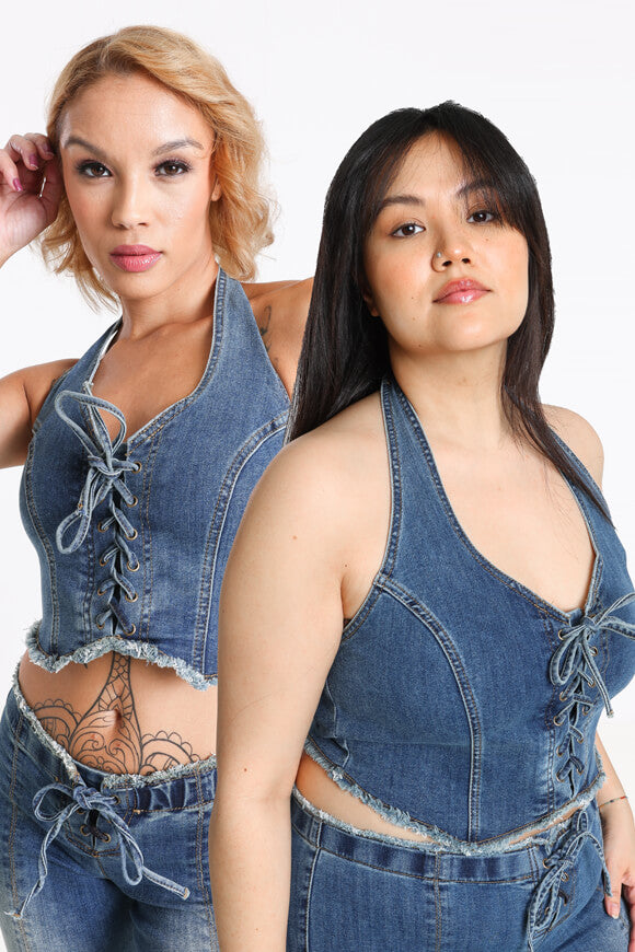 Neckholder Jeans Crop Top - Dunkelblau