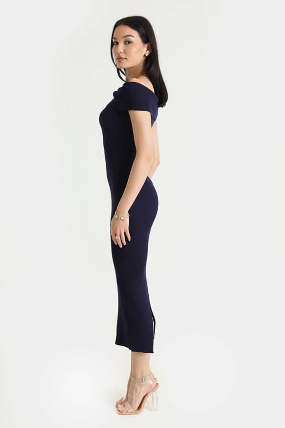 Ribbed off-shoulder knit dress - navy blue