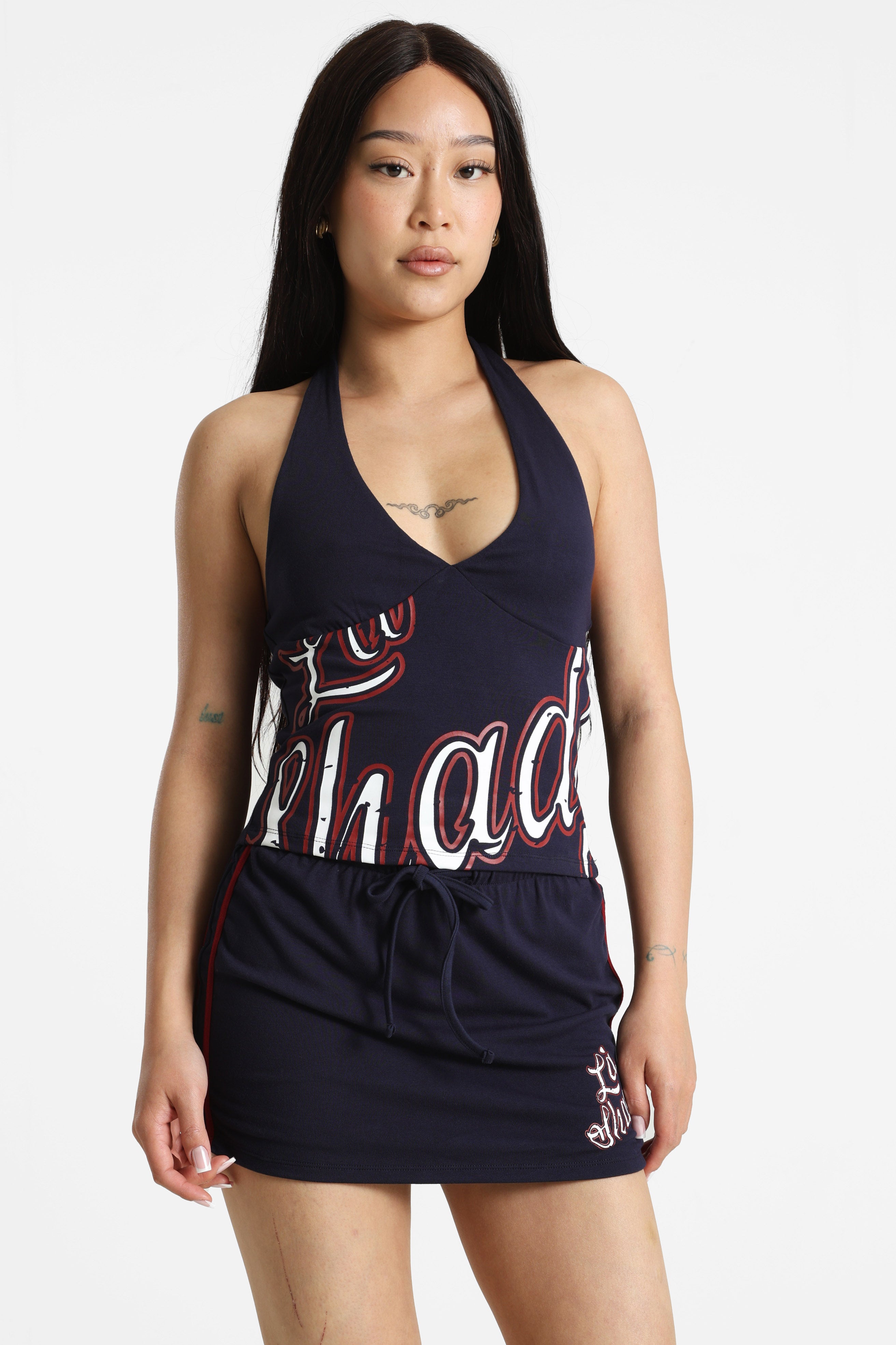 Neckholder Crop Top - Marineblau + Weiss