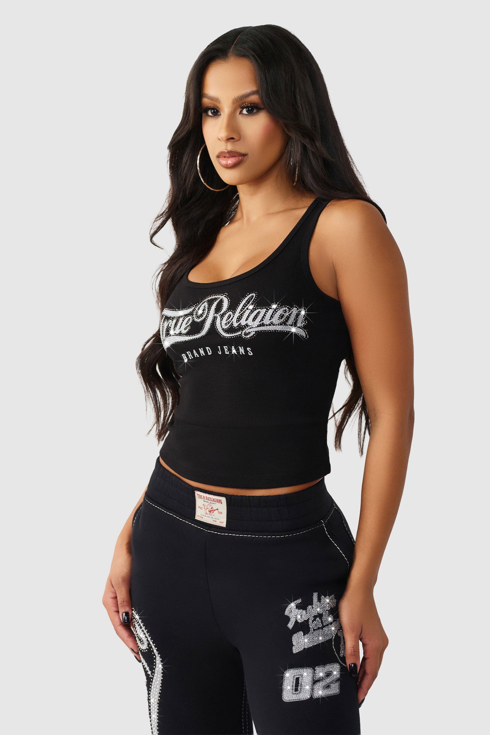 Crystal geripptes Crop Top - Jet Black