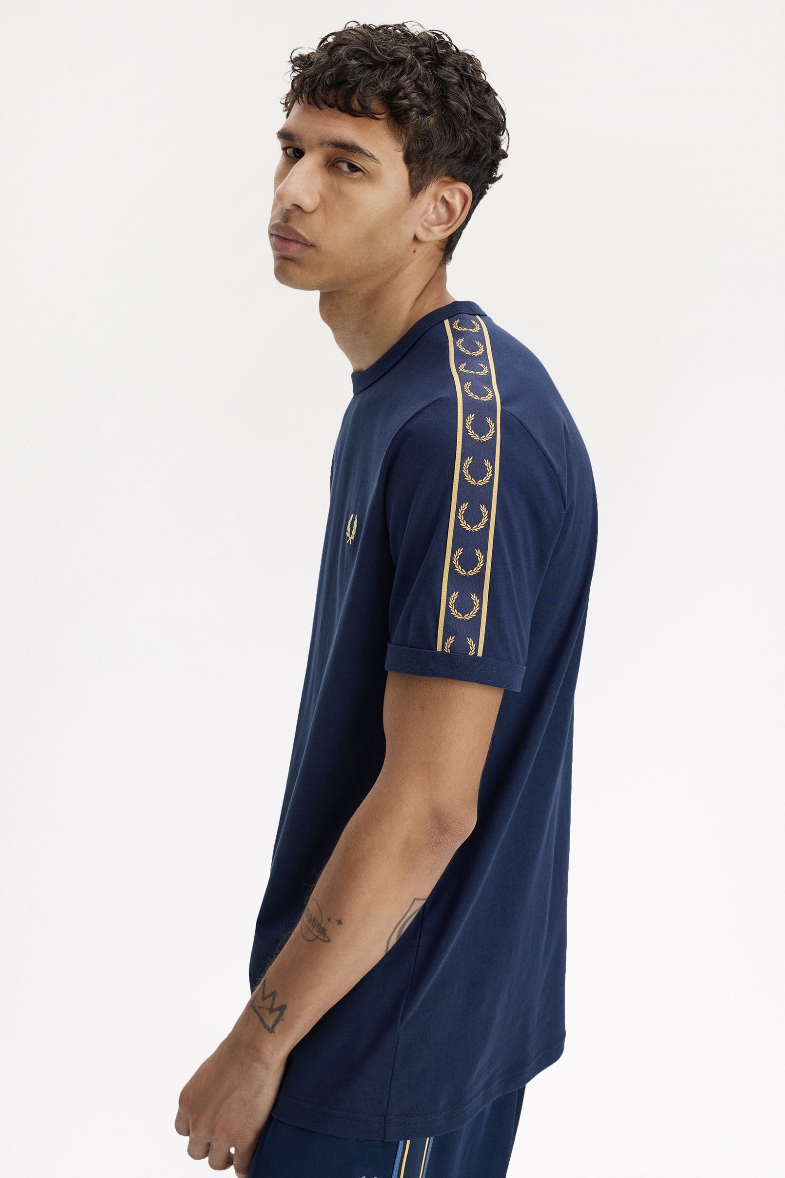 Contrast Tape Ringer T-Shirt - Blue + Champagne