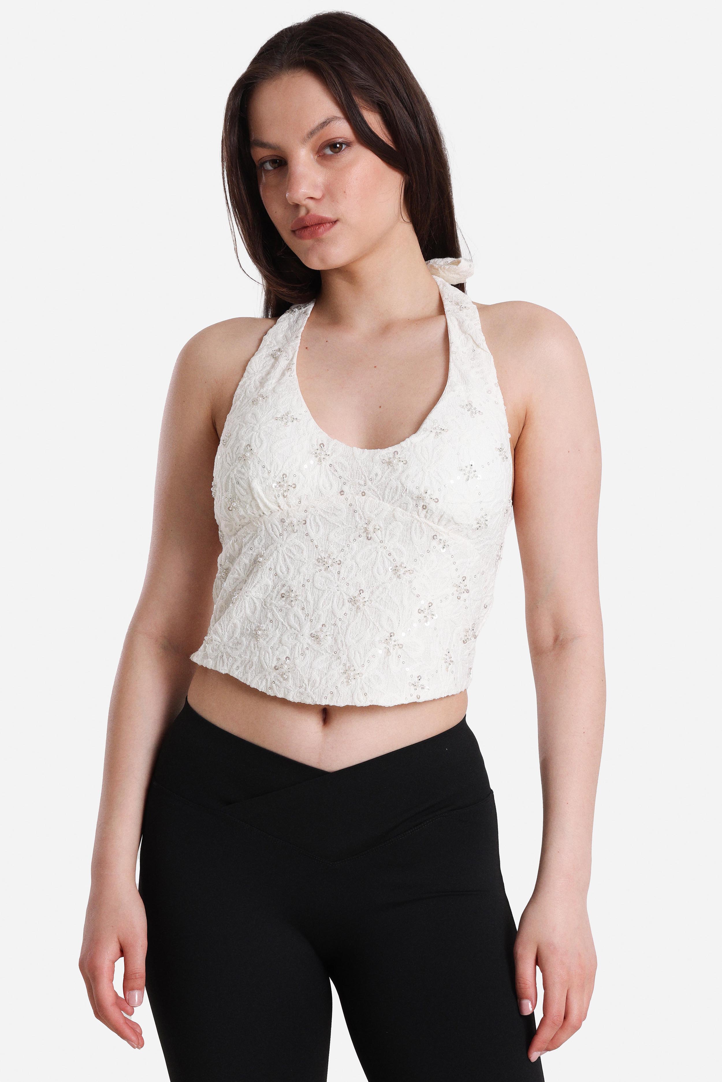 Pailletten Neckholder Crop Top - Offwhite