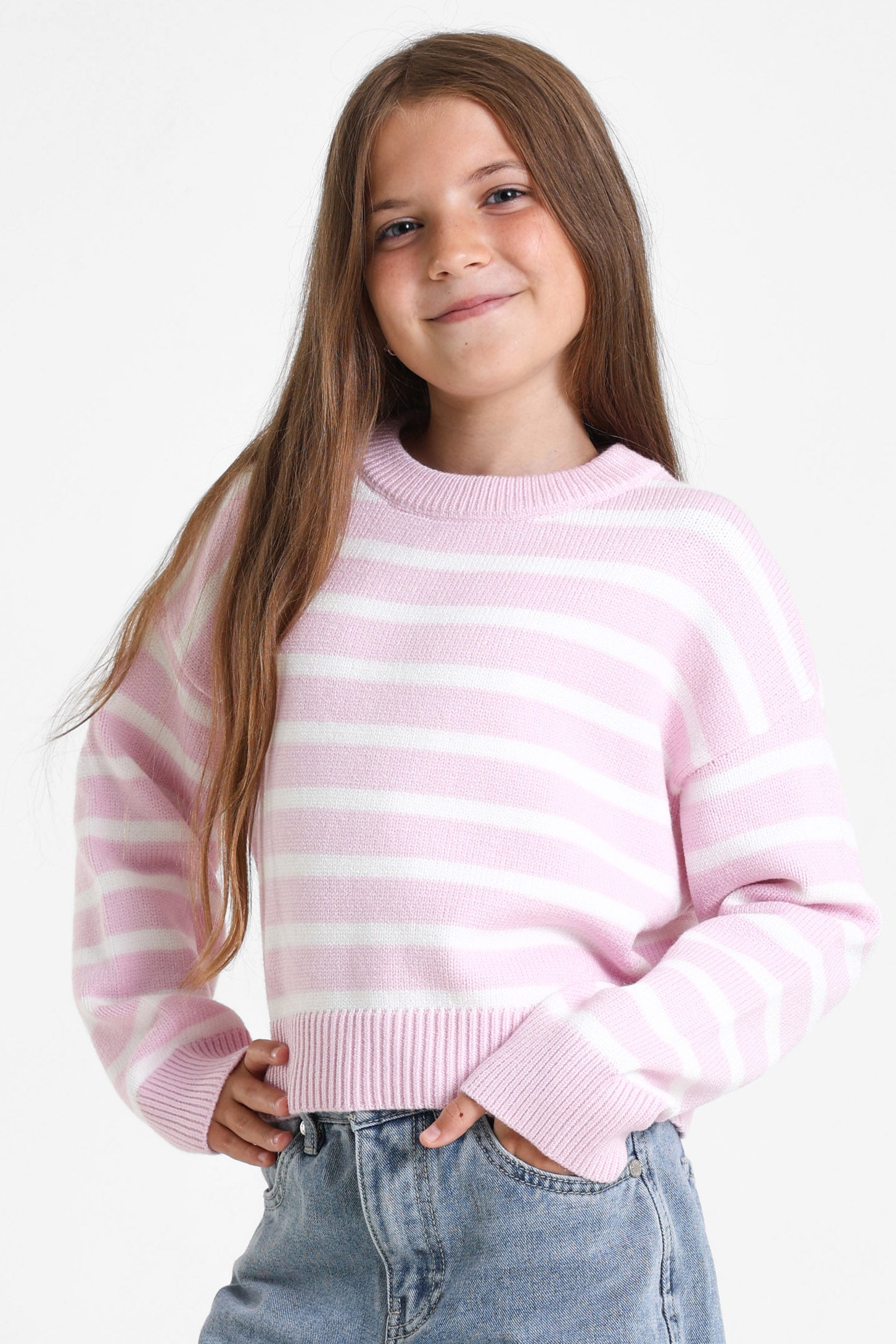 Crop Strickpullover - Rosa + Weiss