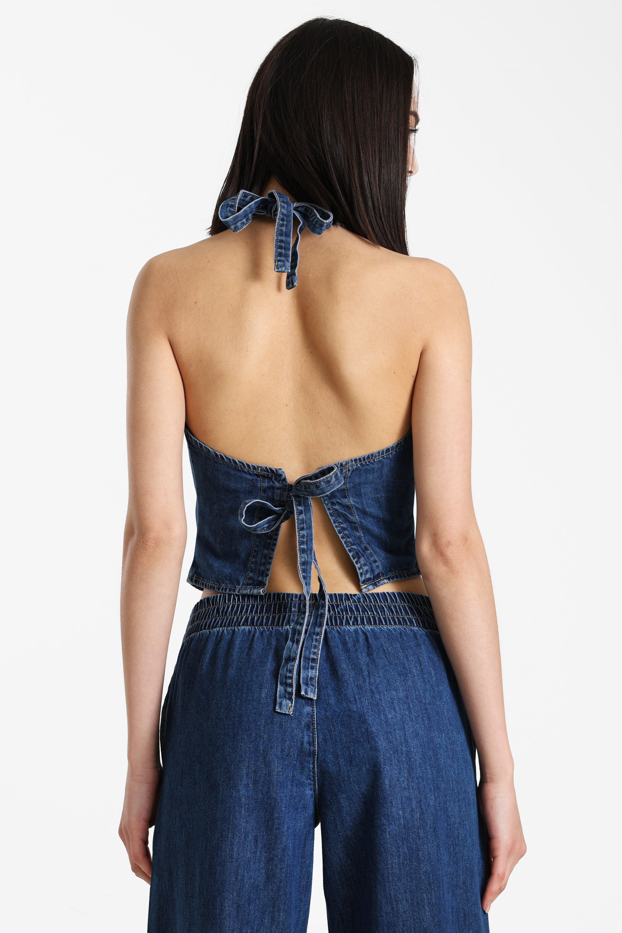 Top corto in denim con schiena scoperta - Bleu denim