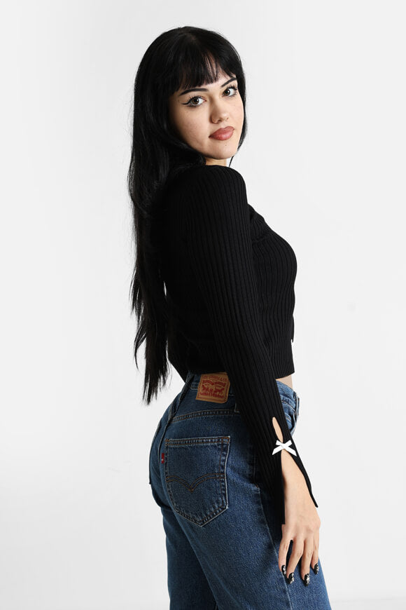 Gerippte Crop Strickjacke - Schwarz