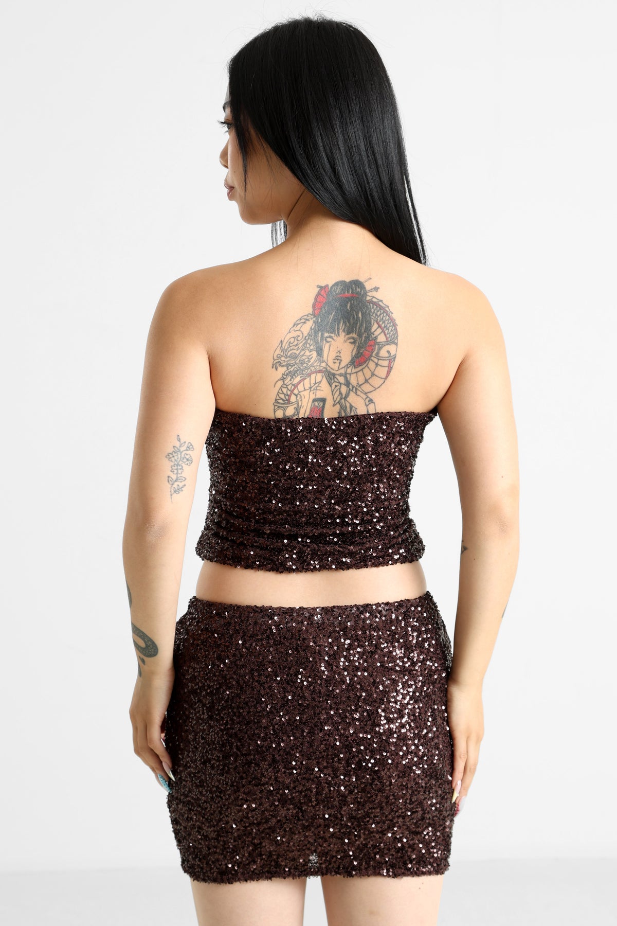 Pailletten Bandeau Crop Top - Dunkelbraun