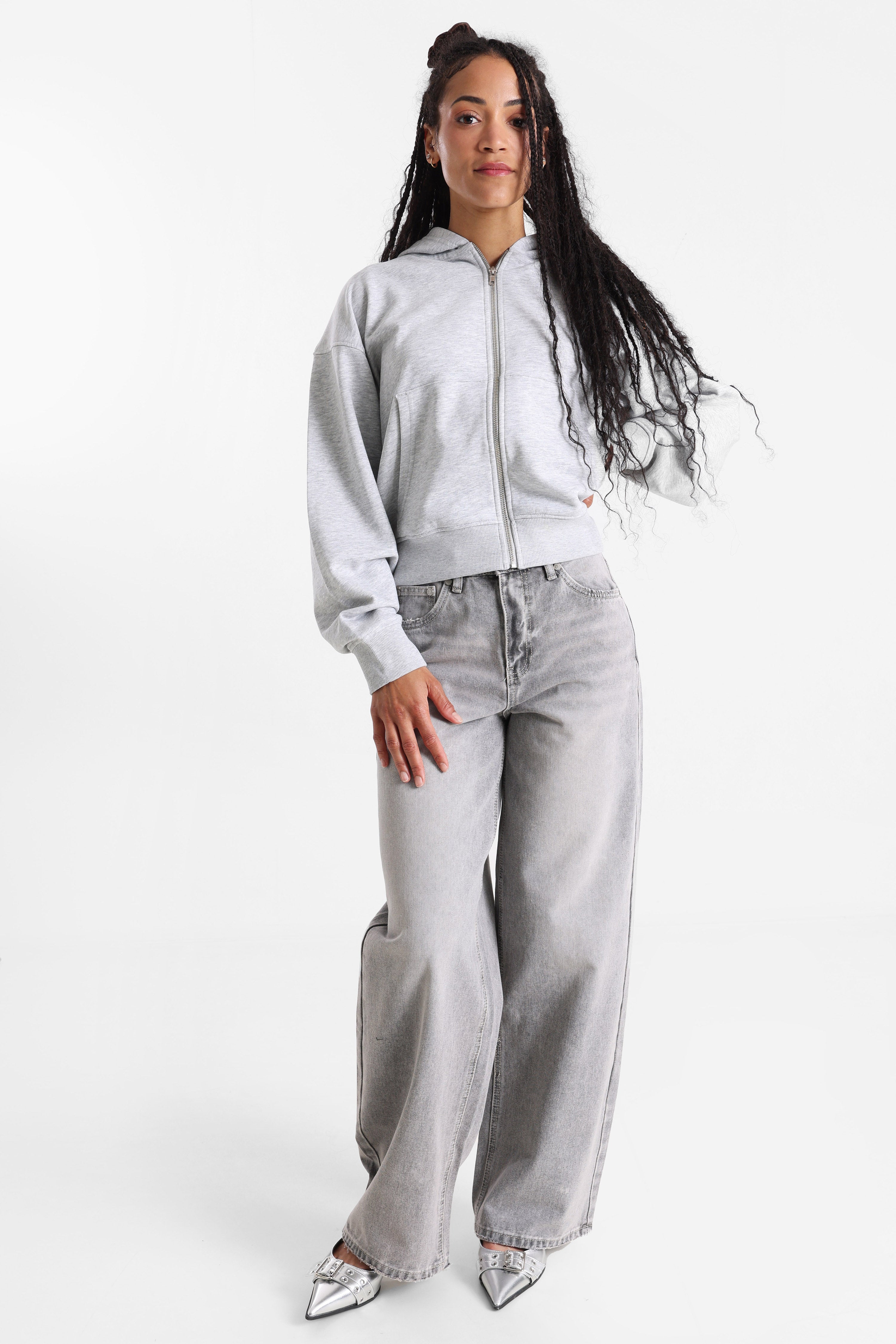 Kapuzensweatjacke - Grau meliert