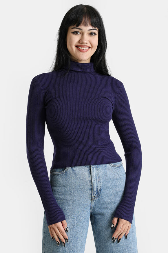 Gerippter Crop Strickpullover - Marineblau