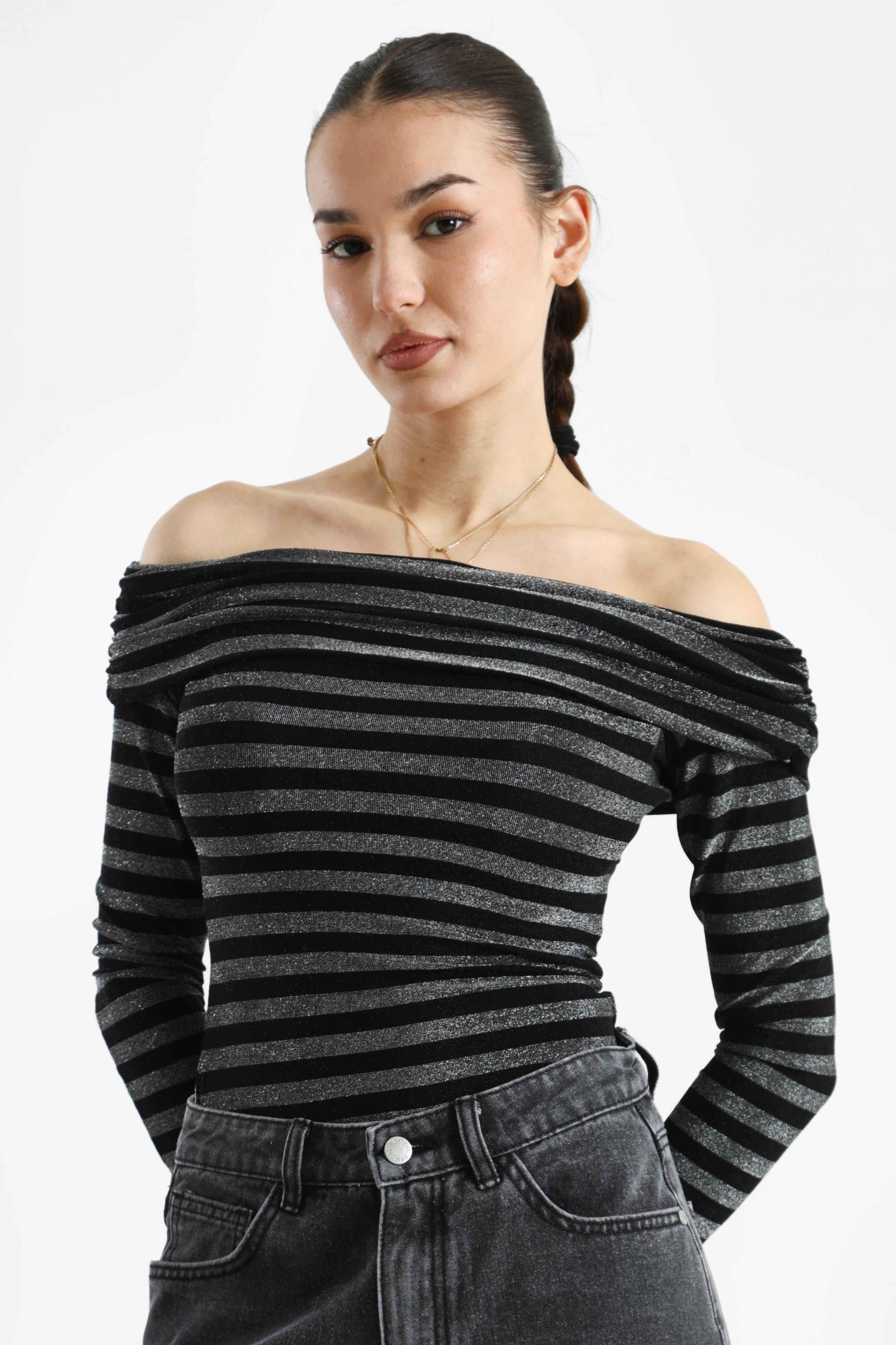 Off Shoulder Glitzer Langarmshirt - Schwarz + Silber