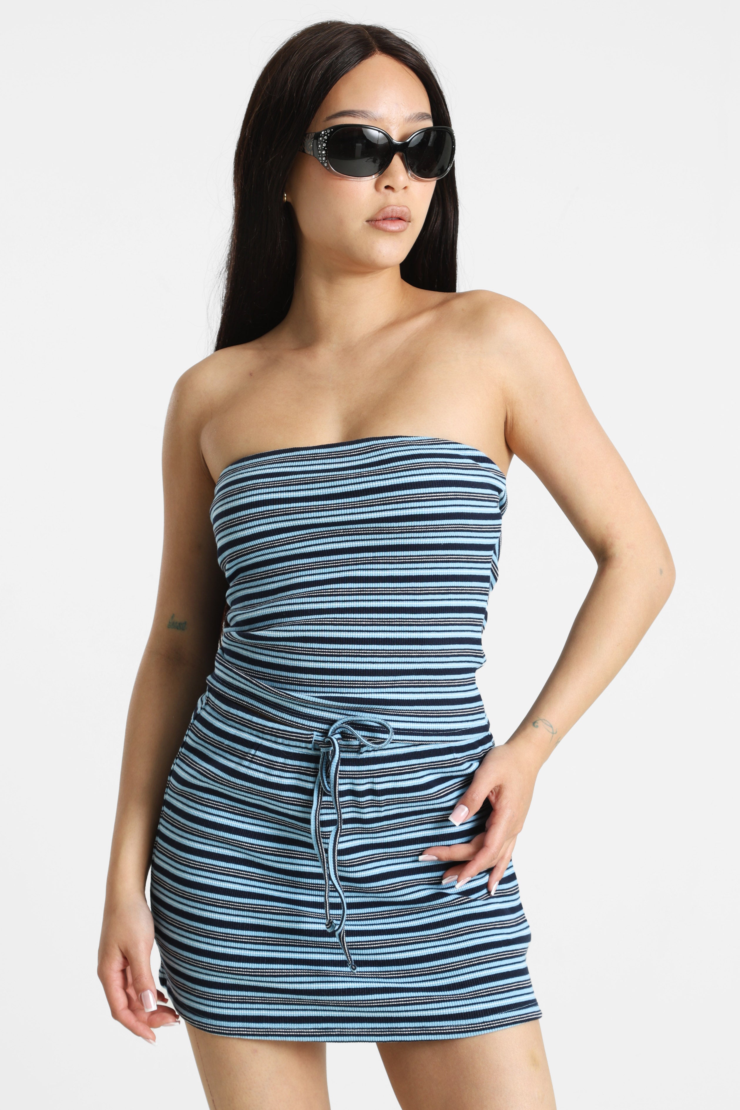 Geripptes Bandeau Top - Blau