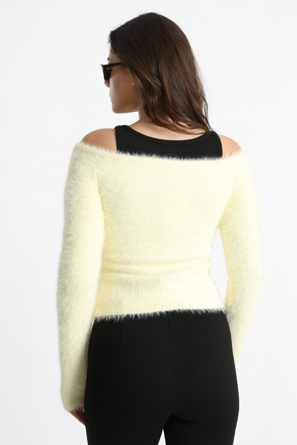 Pull off shoulder en tricot poilu - Jaune clair