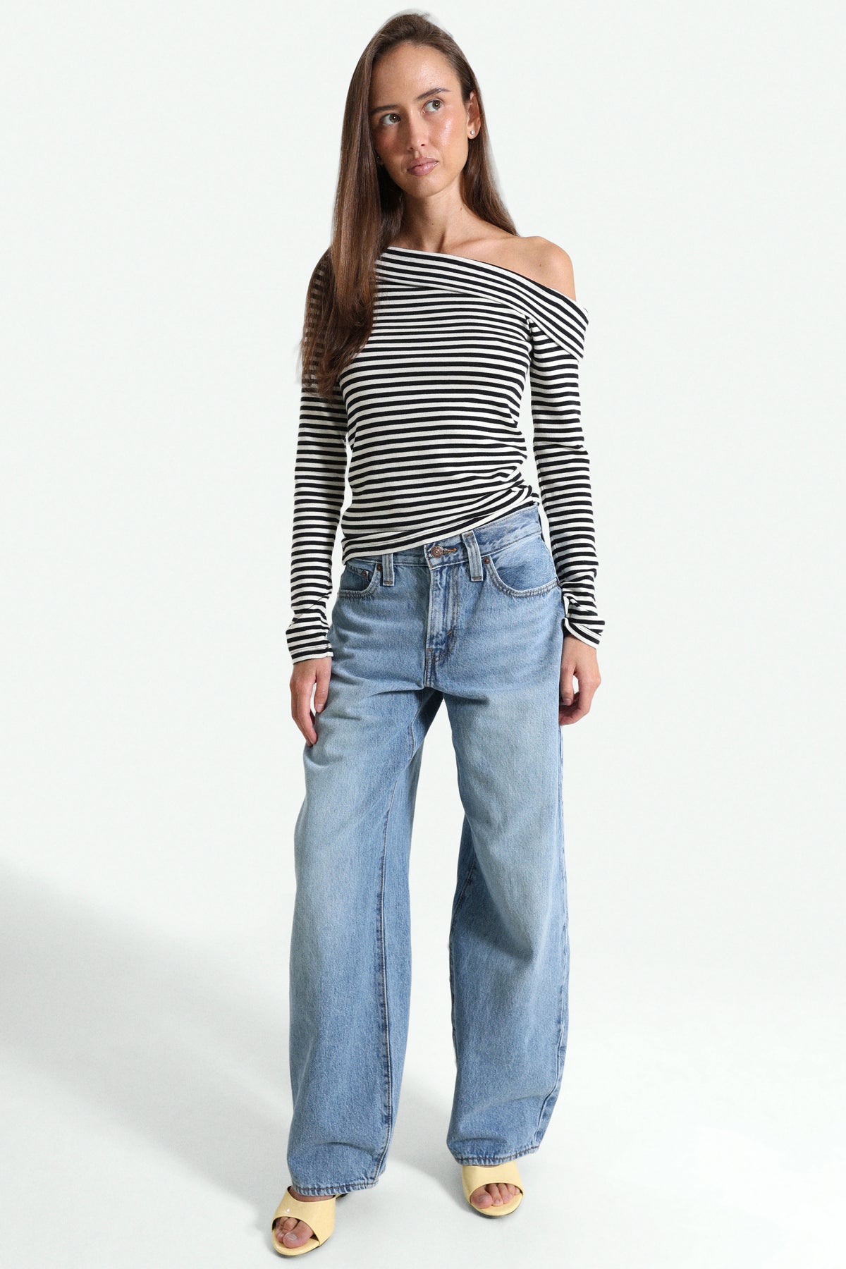 Clara Off Shoulder Langarmshirt - Ivie Stripe Anthracite Night