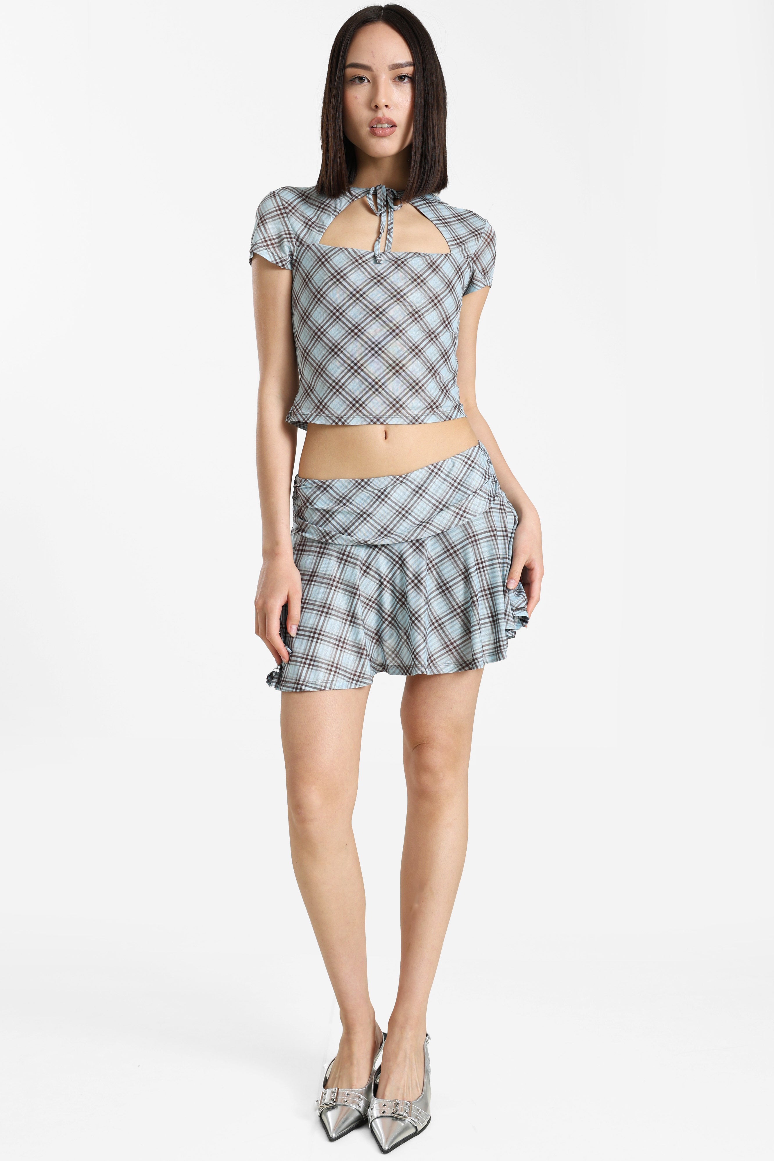 Crop Mesh T-Shirt - Hellblau + Braun