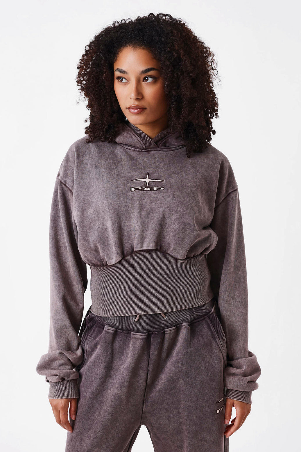 Sweatshirt court à capuchon - Brown Washed