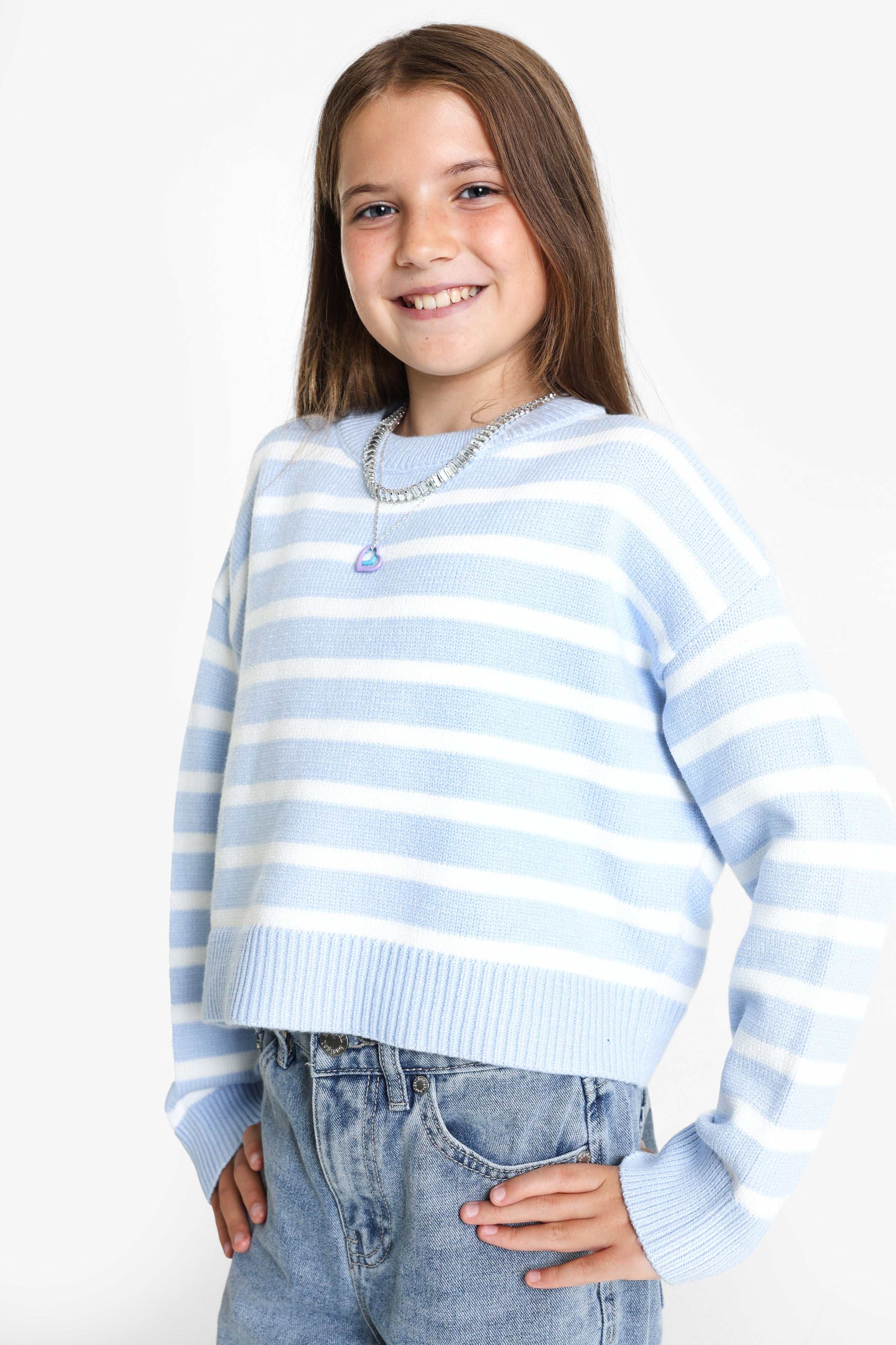 Crop Strickpullover - Hellblau + Offwhite