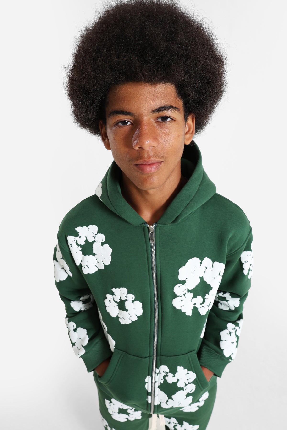 Sweat zippé à capuchon - Forest Green + White