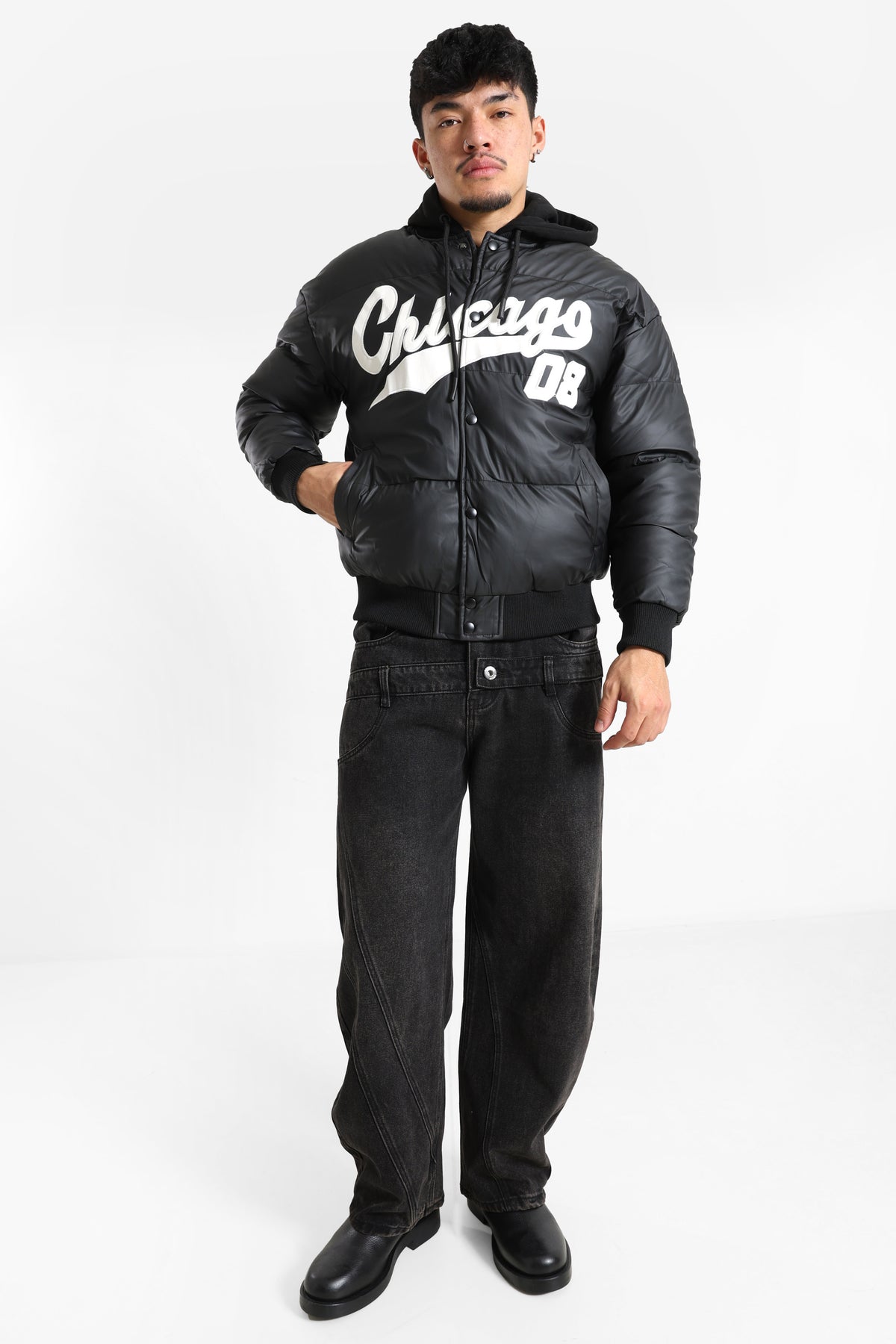 Puffer Kunstlederjacke - Black + Offwhite