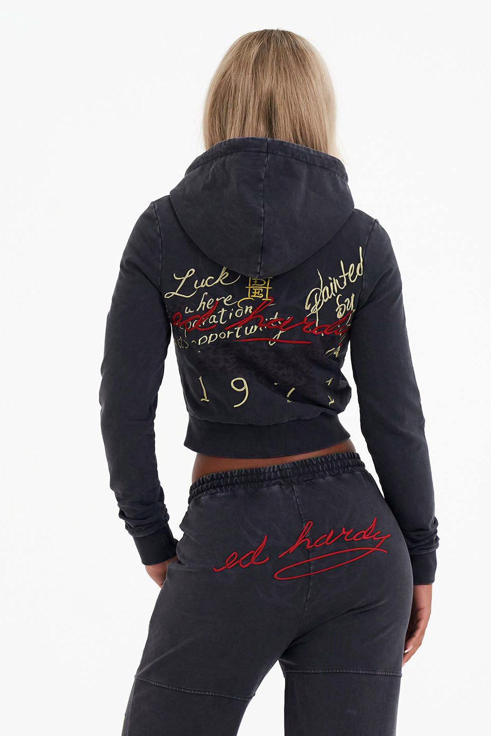 Crop Kapuzensweatjacke - Black Washed