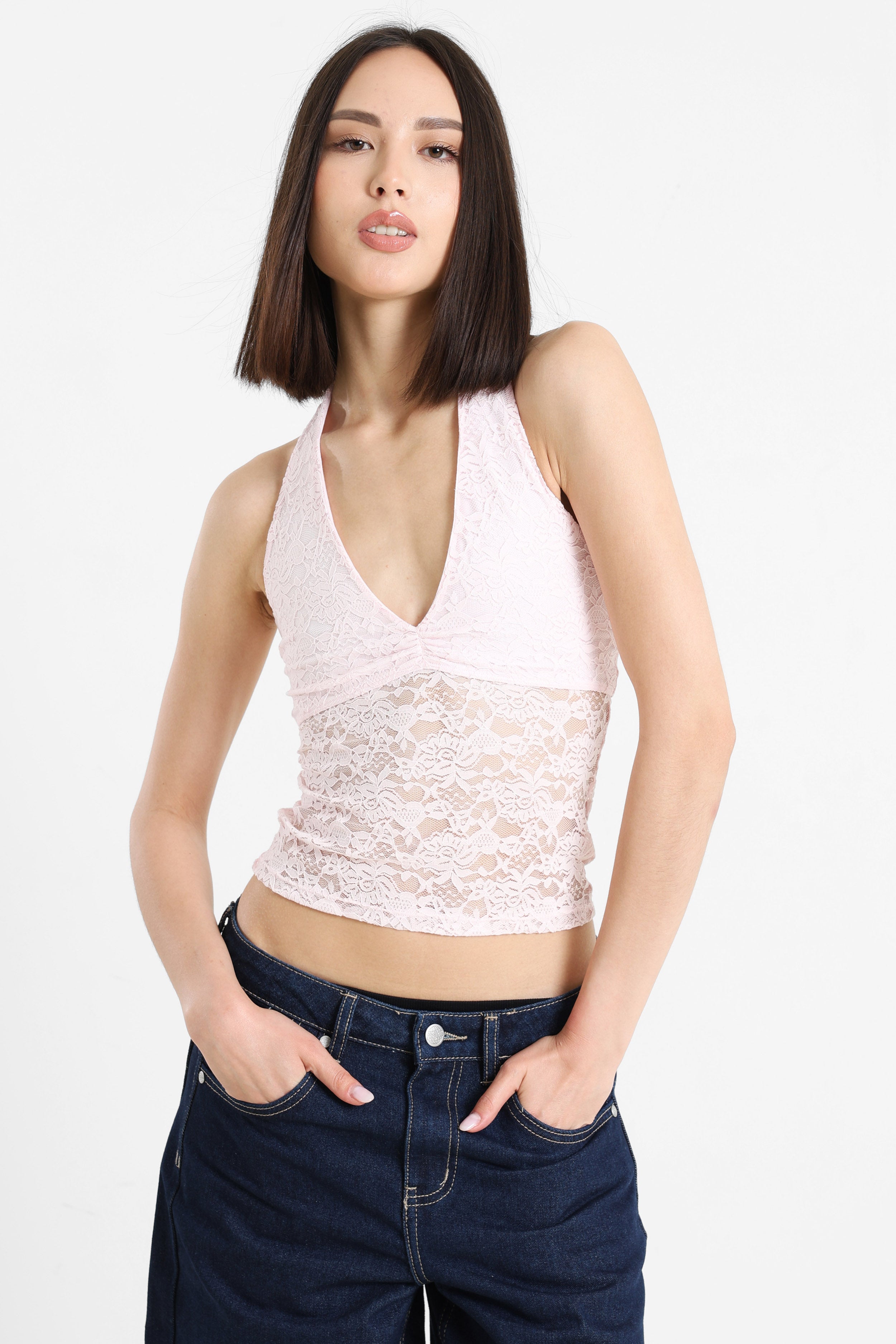 Top court dos nu en dentelle - Rose