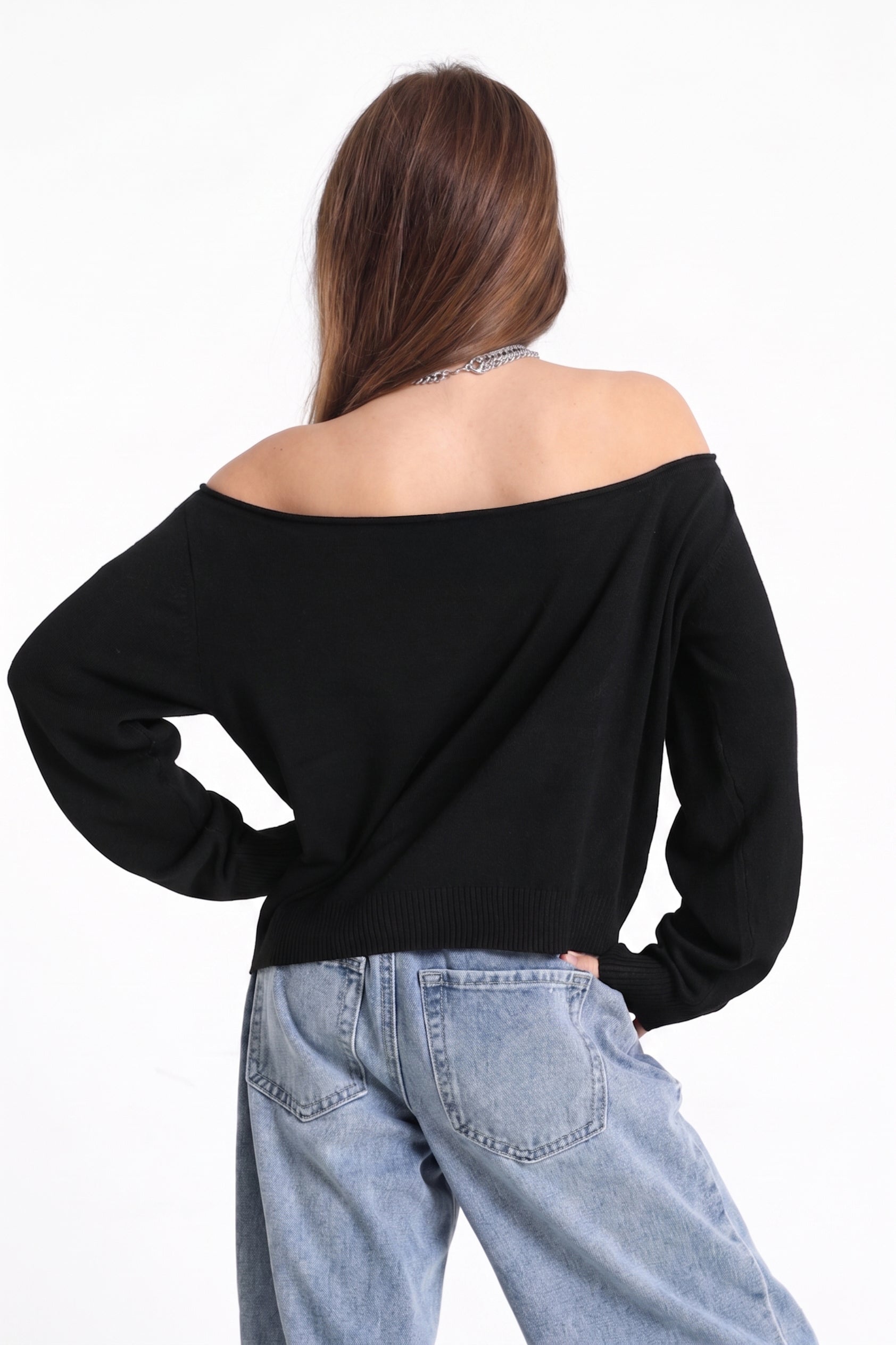 Off Shoulder Strickpullover - Schwarz