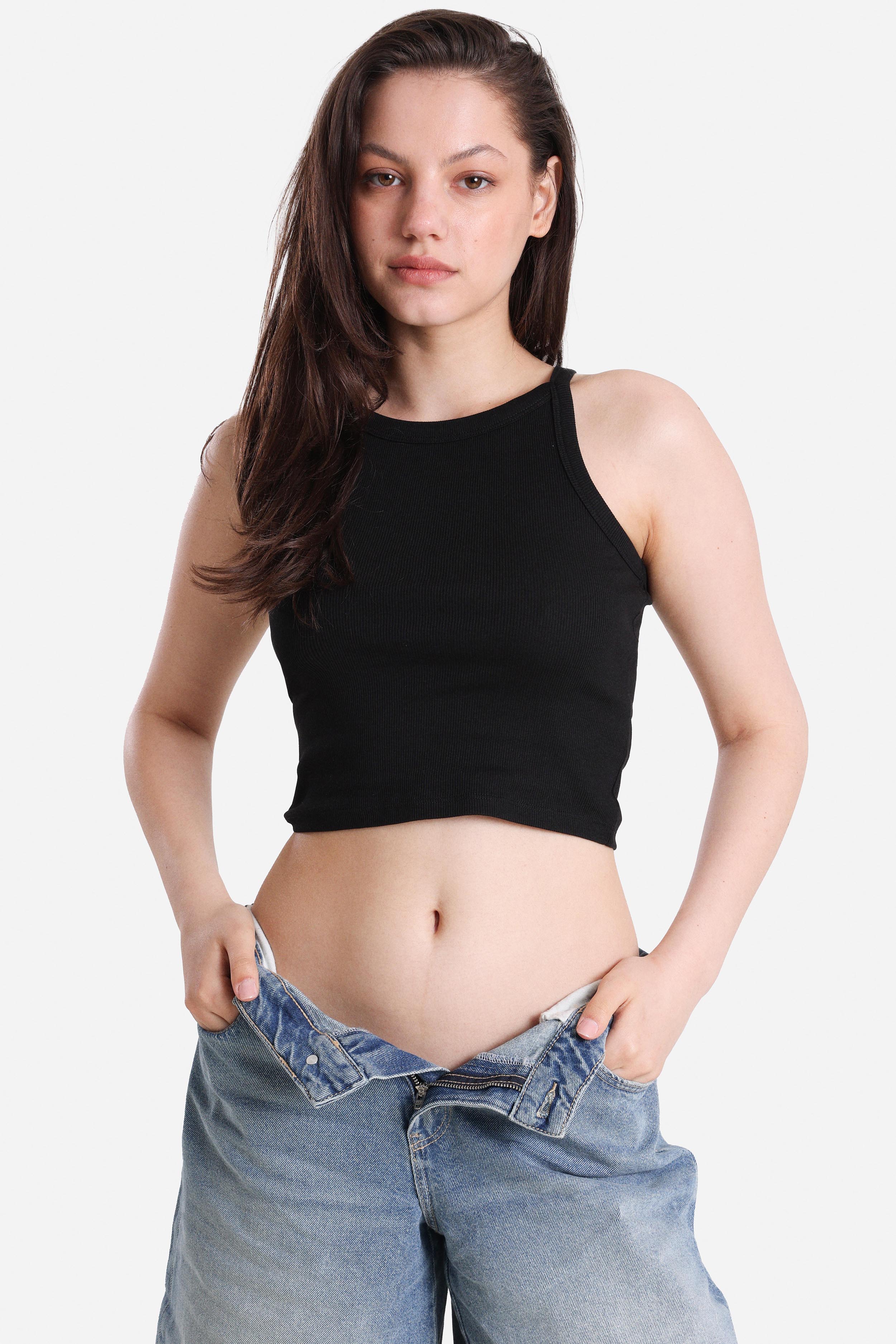 Geripptes Crop Trägertop - Schwarz