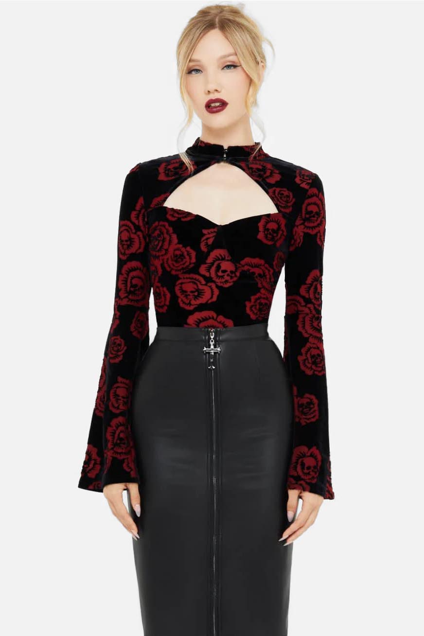Camicia a maniche lunghe Pandora's Rose Velvet Crop - Nero + Rosso