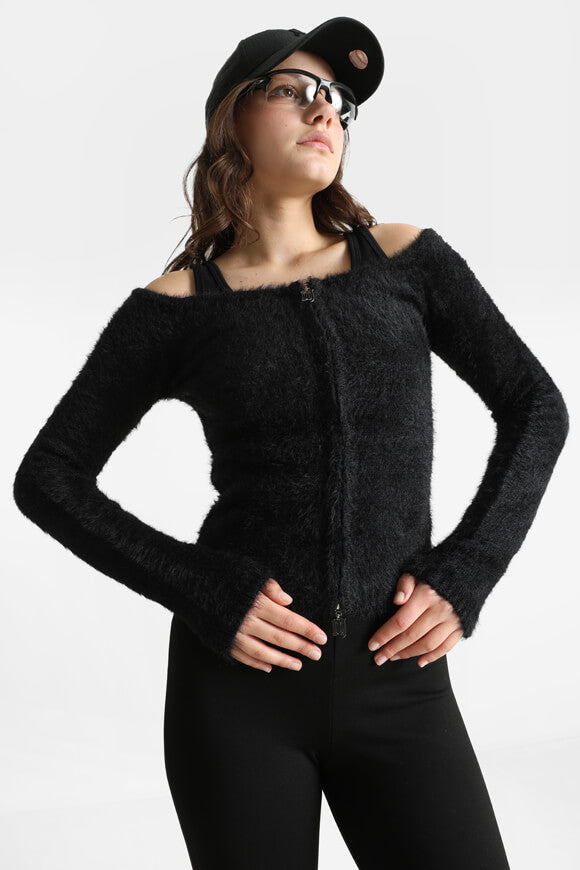 Pull off shoulder en tricot poilu - Noir