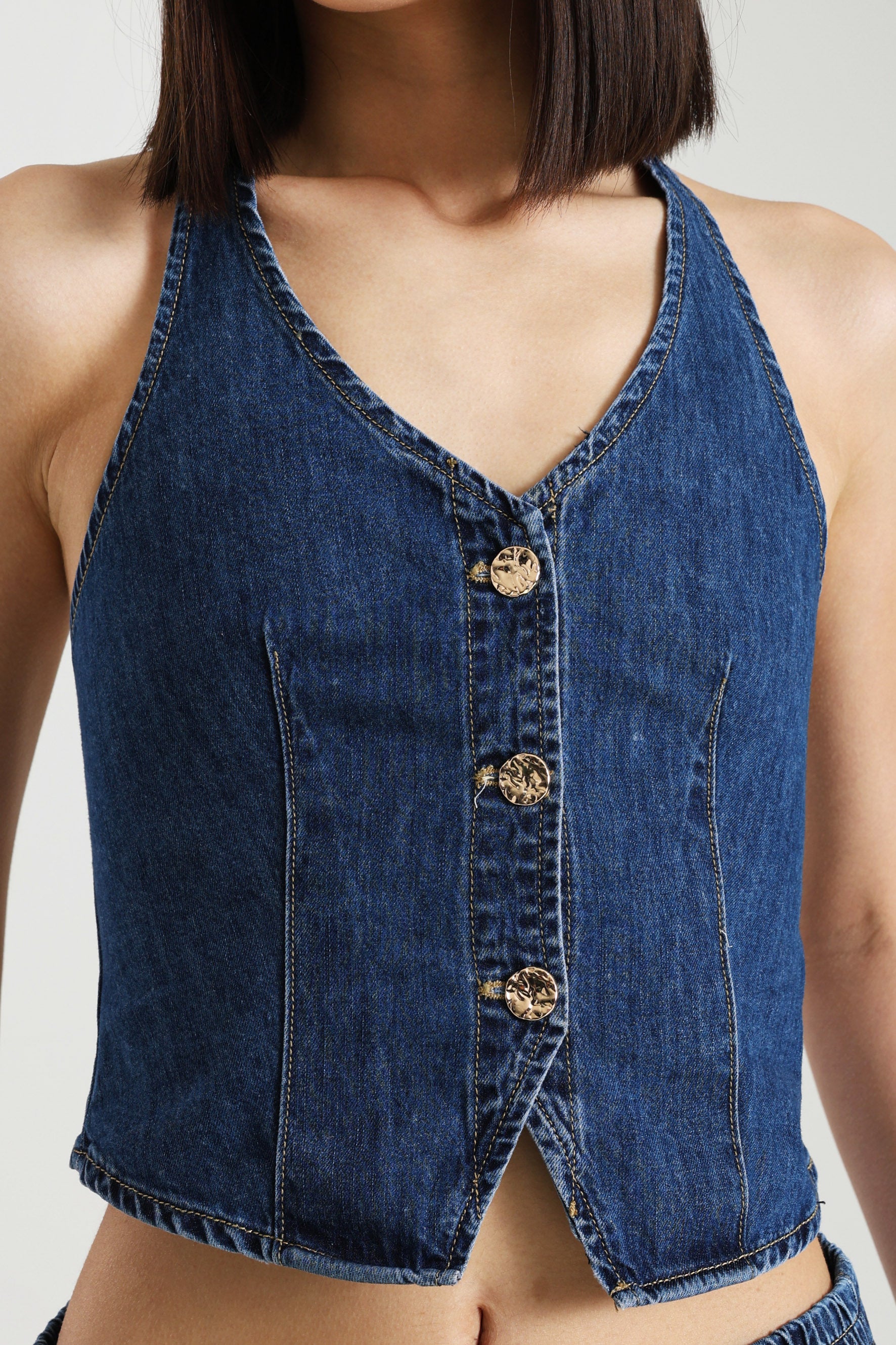 Top corto in denim con schiena scoperta - Bleu denim