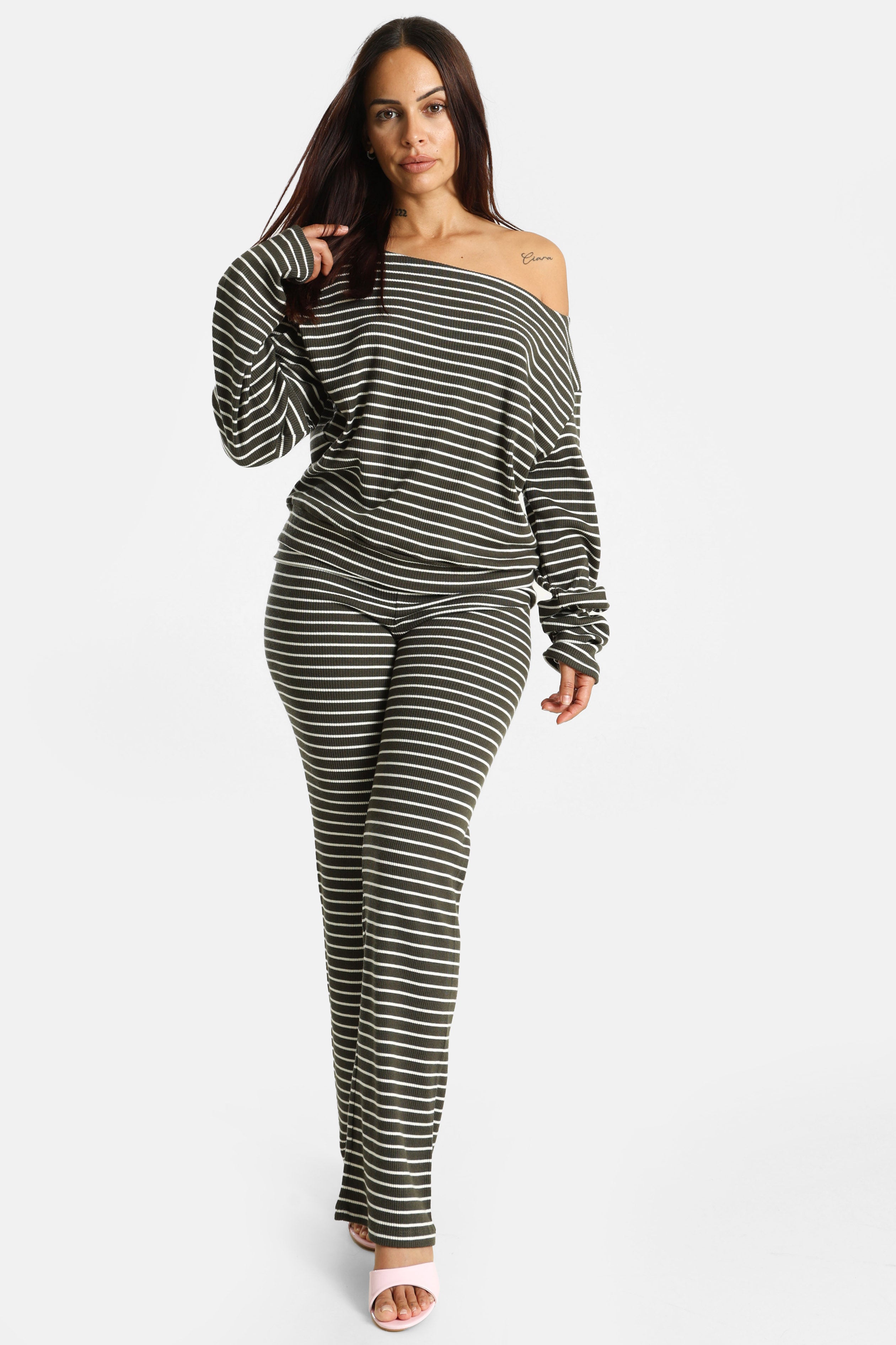 Long-sleeve ribbed shirt - Dark Green + Offwhite