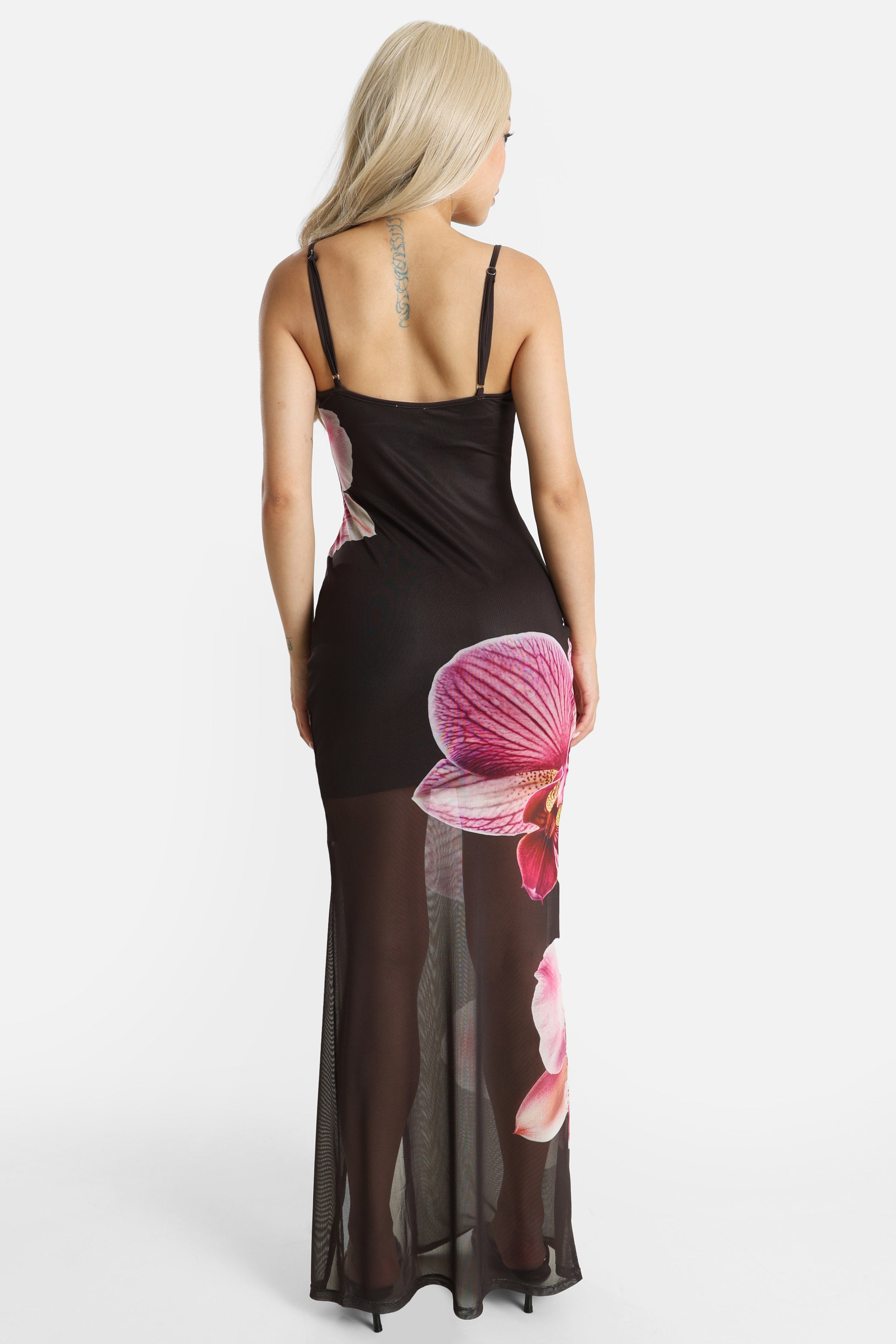 Abito lungo in mesh - Brun foncé + Rosa