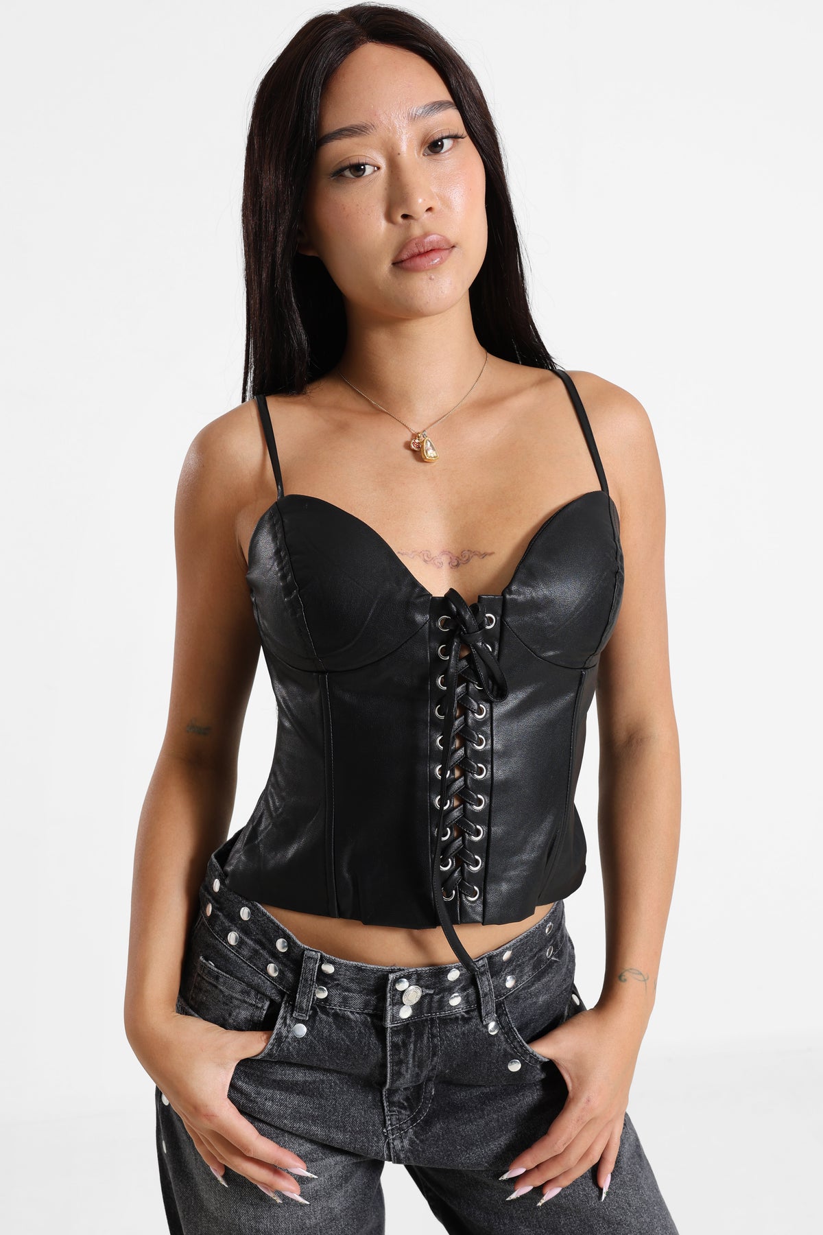 Top corset en similicuir - Noir