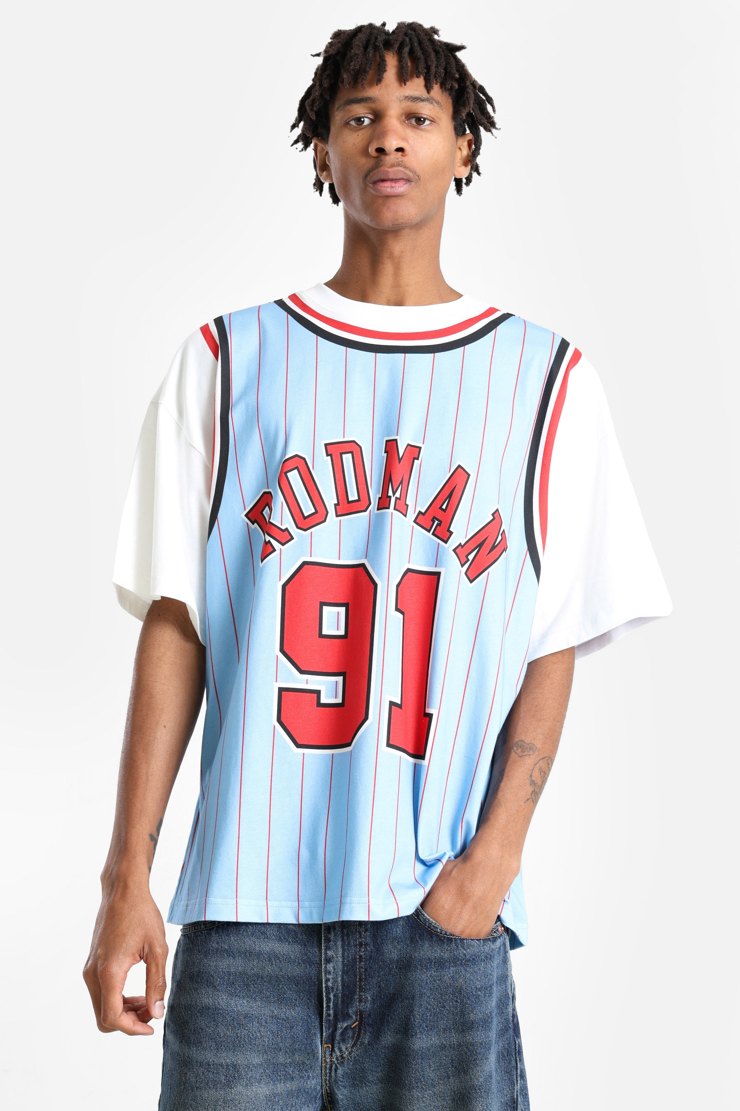 Dennis Rodman t-shirt ample - Light Blue + White
