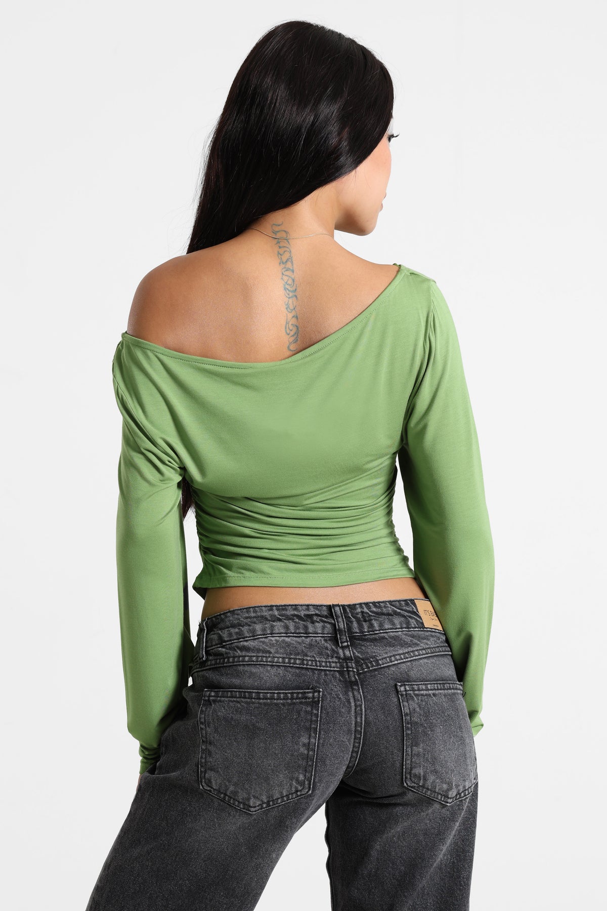 Camicia corta off shoulder maniche lunghe - Verde Matcha